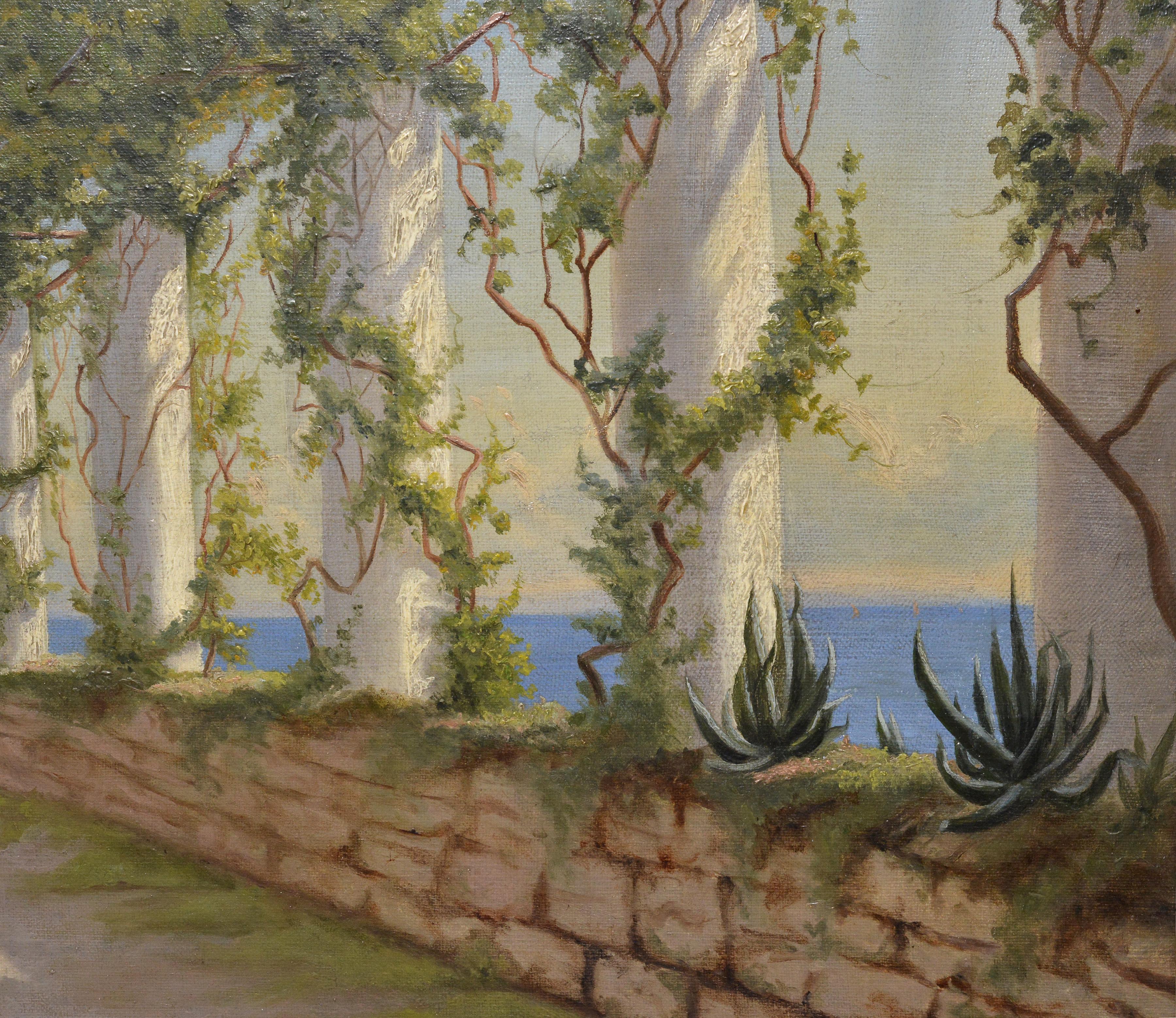 Peinture à l'huile sur toile encadrée, vue d'une terrasse d'A Amalfi, Italie, 1899, signée  - Marron Landscape Painting par Unknown