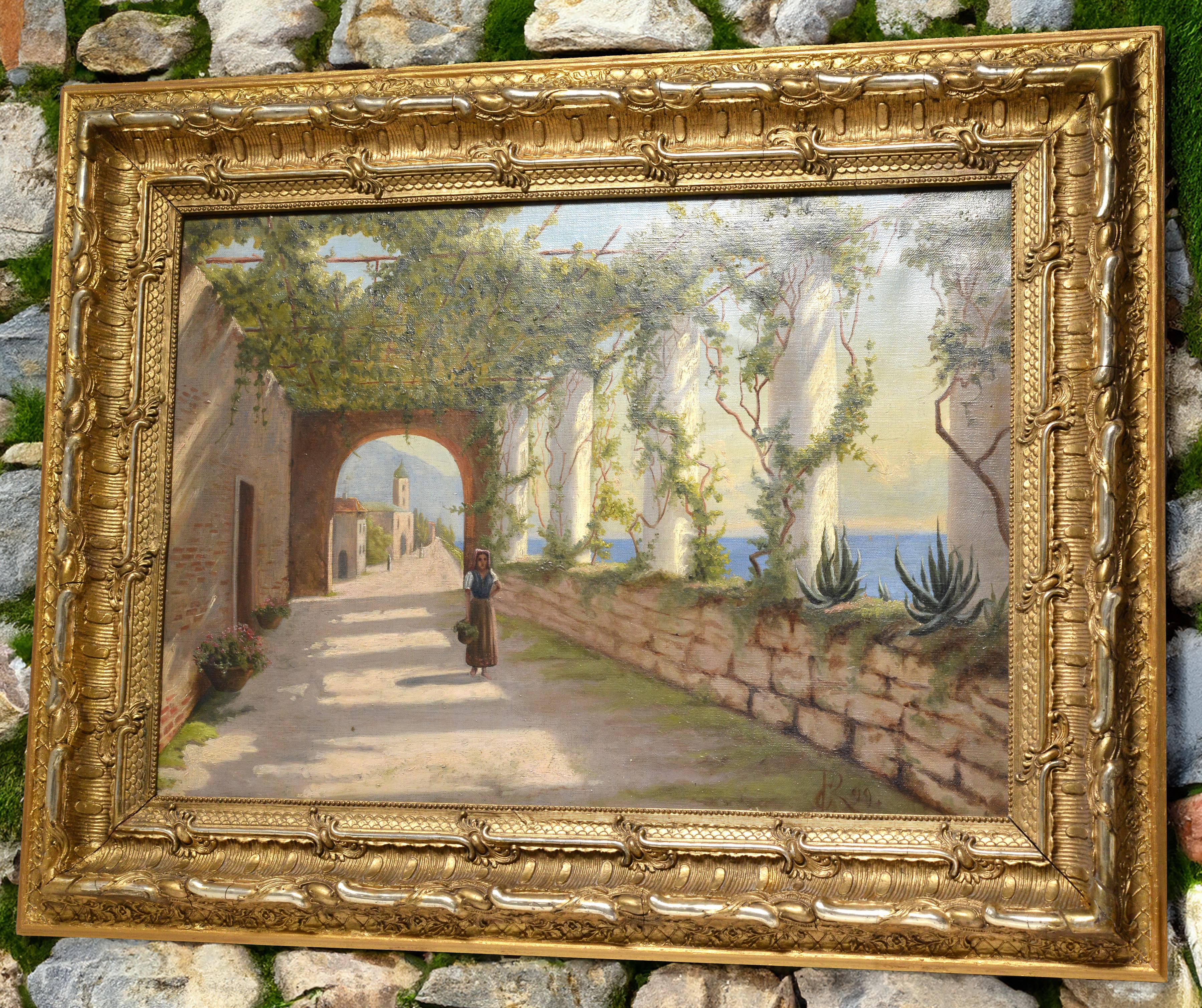 Peinture à l'huile sur toile encadrée, vue d'une terrasse d'A Amalfi, Italie, 1899, signée  en vente 3