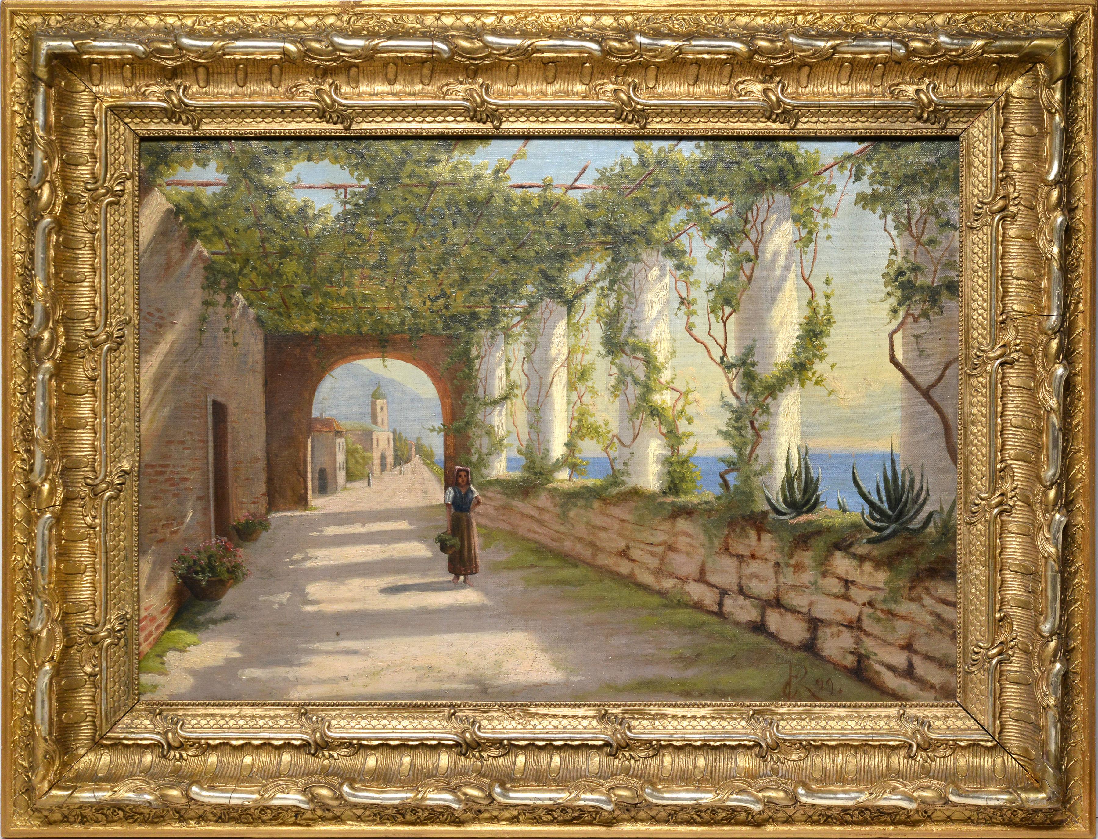 Landscape Painting Unknown - Peinture à l'huile sur toile encadrée, vue d'une terrasse d'A Amalfi, Italie, 1899, signée 