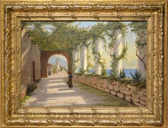 Antique Sunny Italian Amalfi Terrace View 1899 Oil Painting on Canvas Framed Signed 
