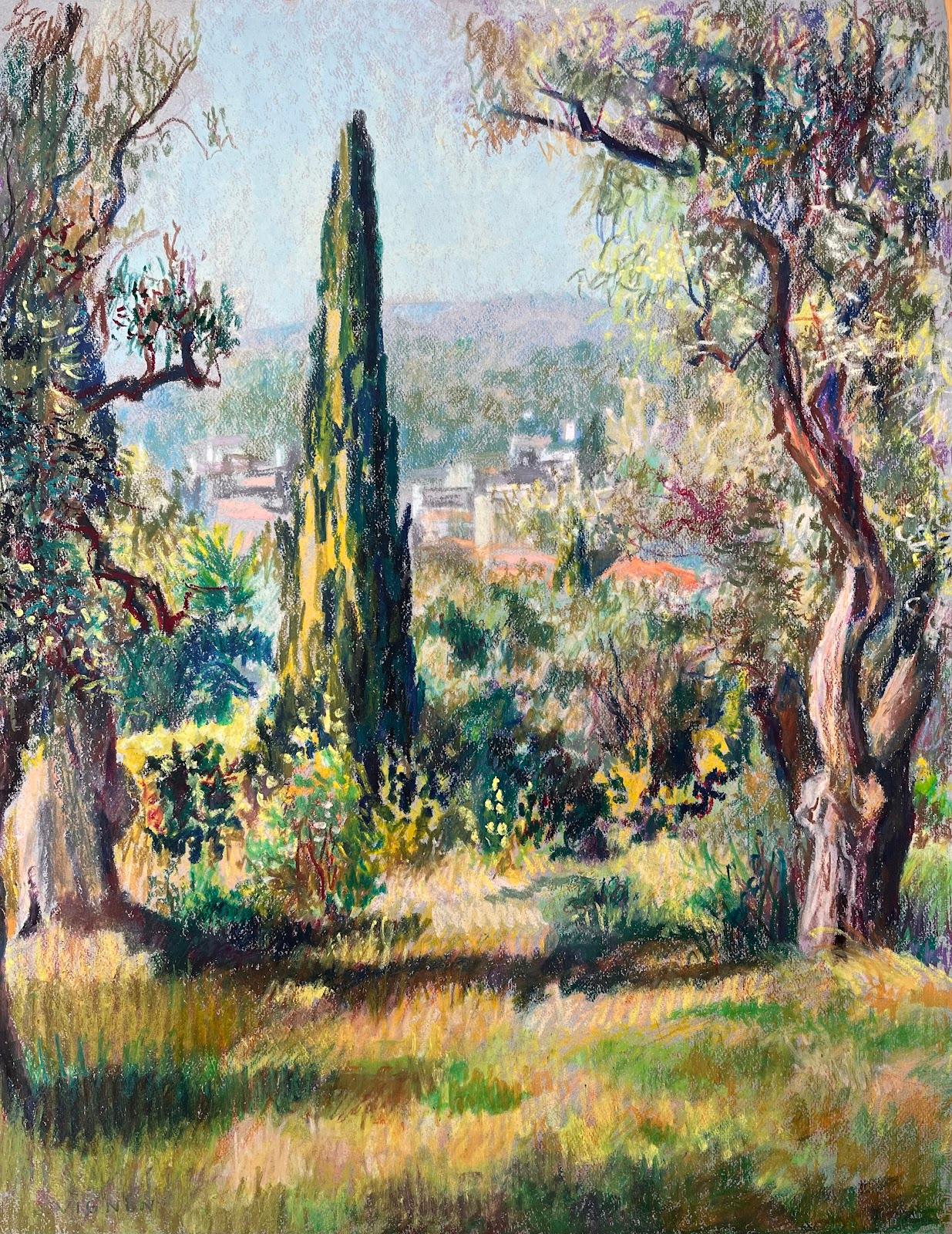 Soleado Paisaje Provenzal con Cipreses y Olivos Vibrante Dibujo al Pastel - Painting de Josine Vignon