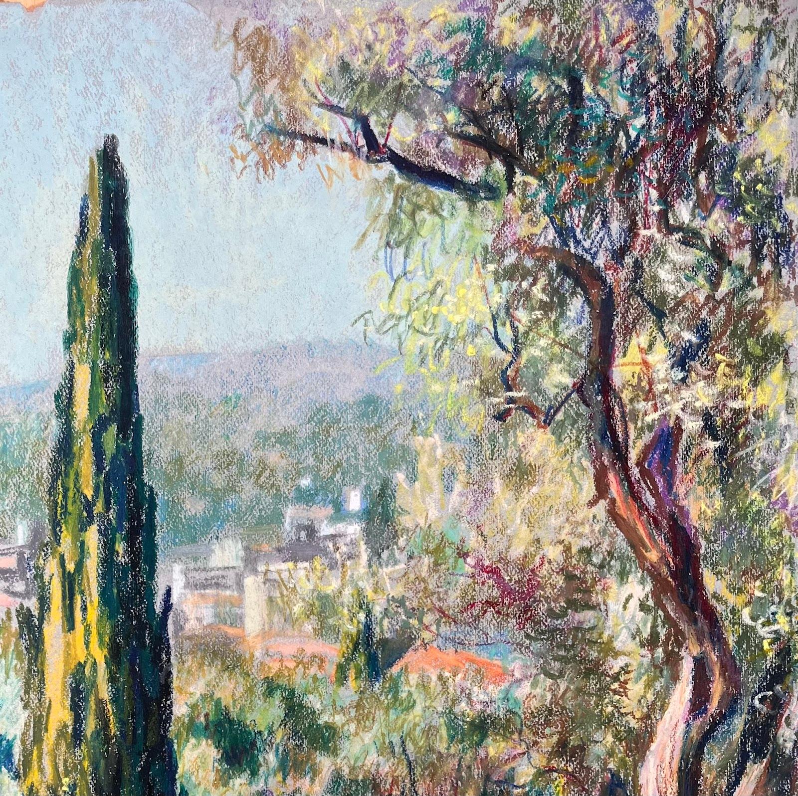 Soleado Paisaje Provenzal con Cipreses y Olivos Vibrante Dibujo al Pastel - Painting Impresionista de Josine Vignon