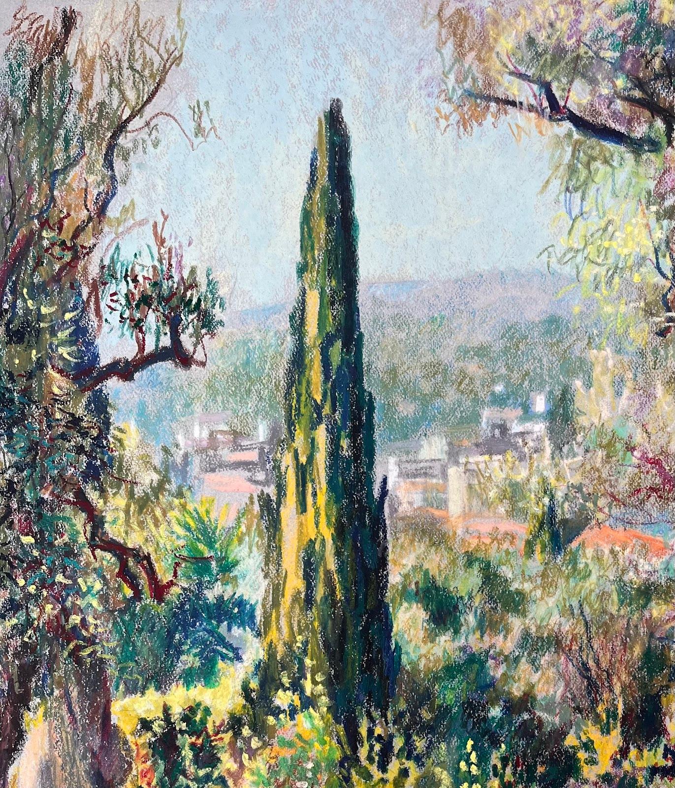 Soleado Paisaje Provenzal con Cipreses y Olivos Vibrante Dibujo al Pastel - Landscape Painting Marrón de Josine Vignon