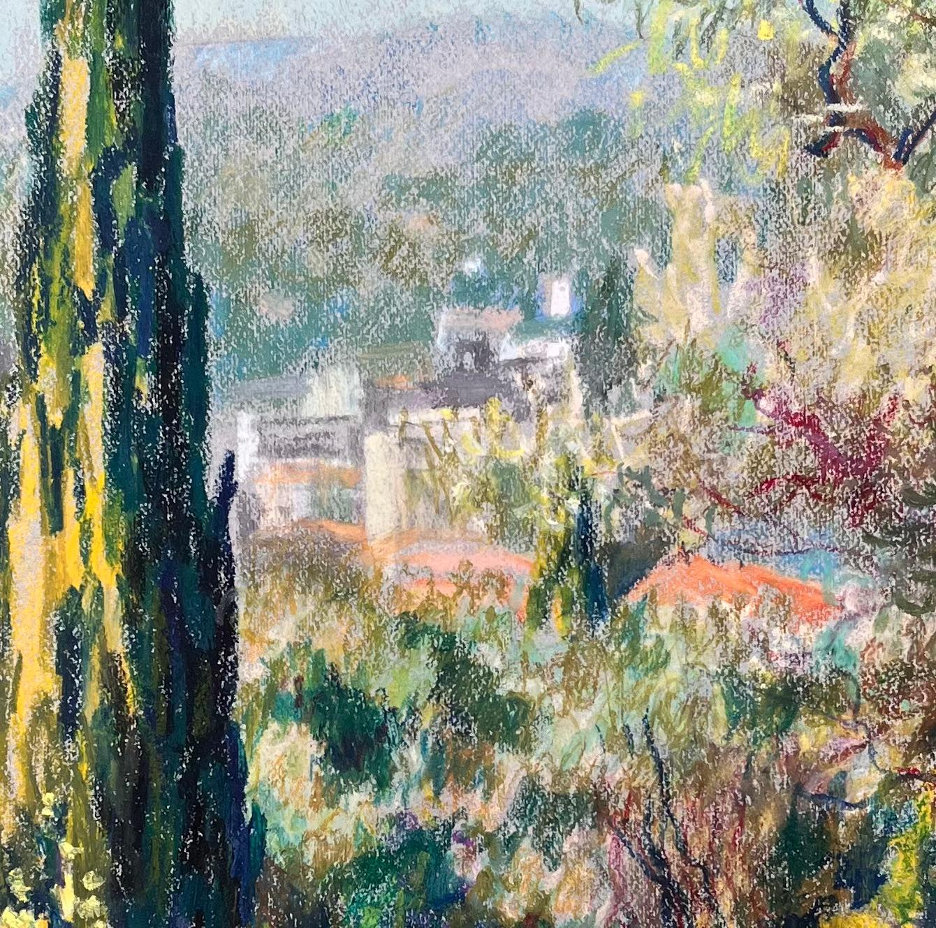 Soleado Paisaje Provenzal con Cipreses y Olivos Vibrante Dibujo al Pastel en venta 1
