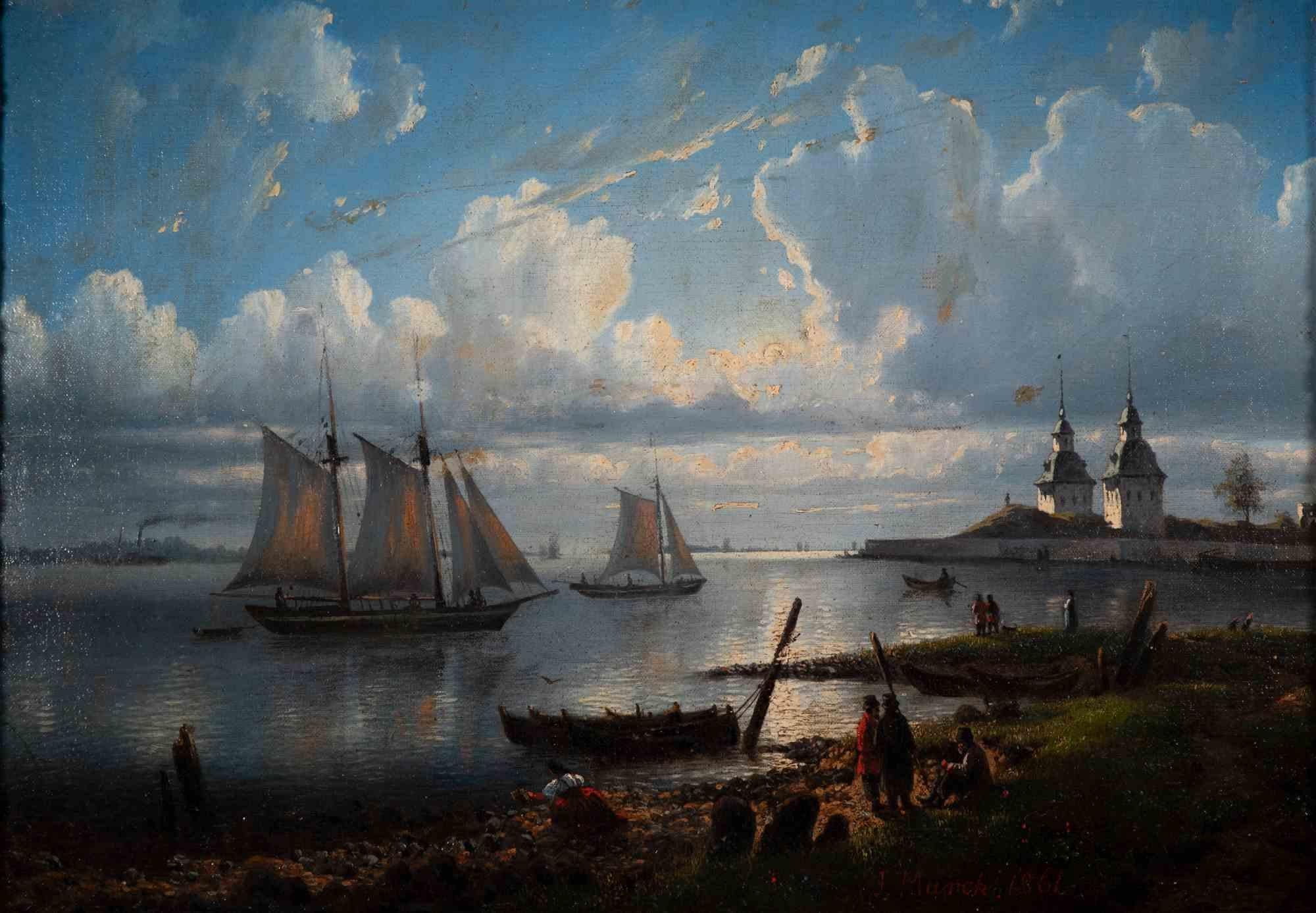 Sonnenaufgang Landschaft mit Booten – Ölgemälde der russischen Schule  - 1861
