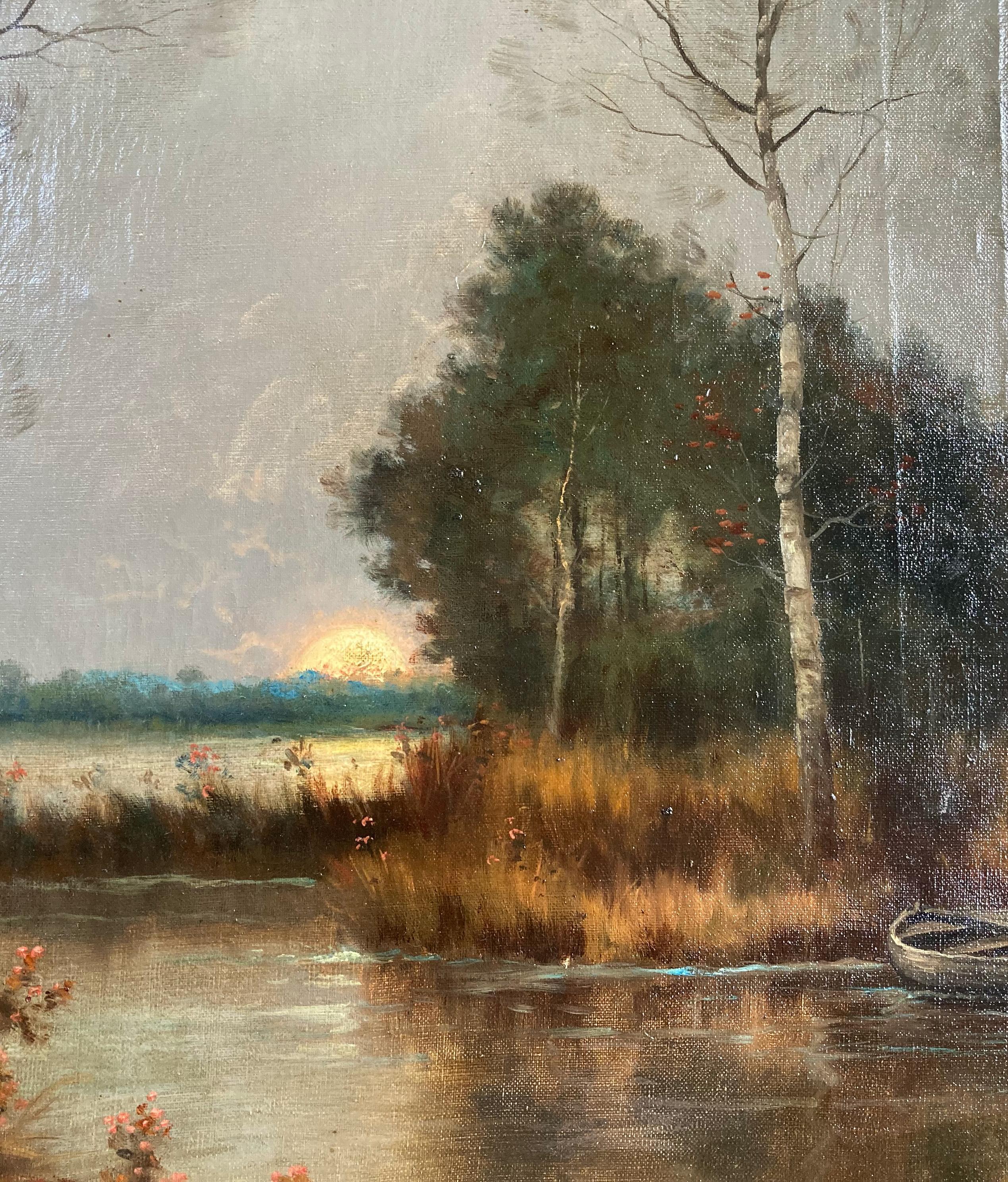 „“ Sonnenaufgang auf der Marsh“ – gerahmtes antikes Landschaftsgemälde aus dem 19. Jahrhundert – Painting von Unknown