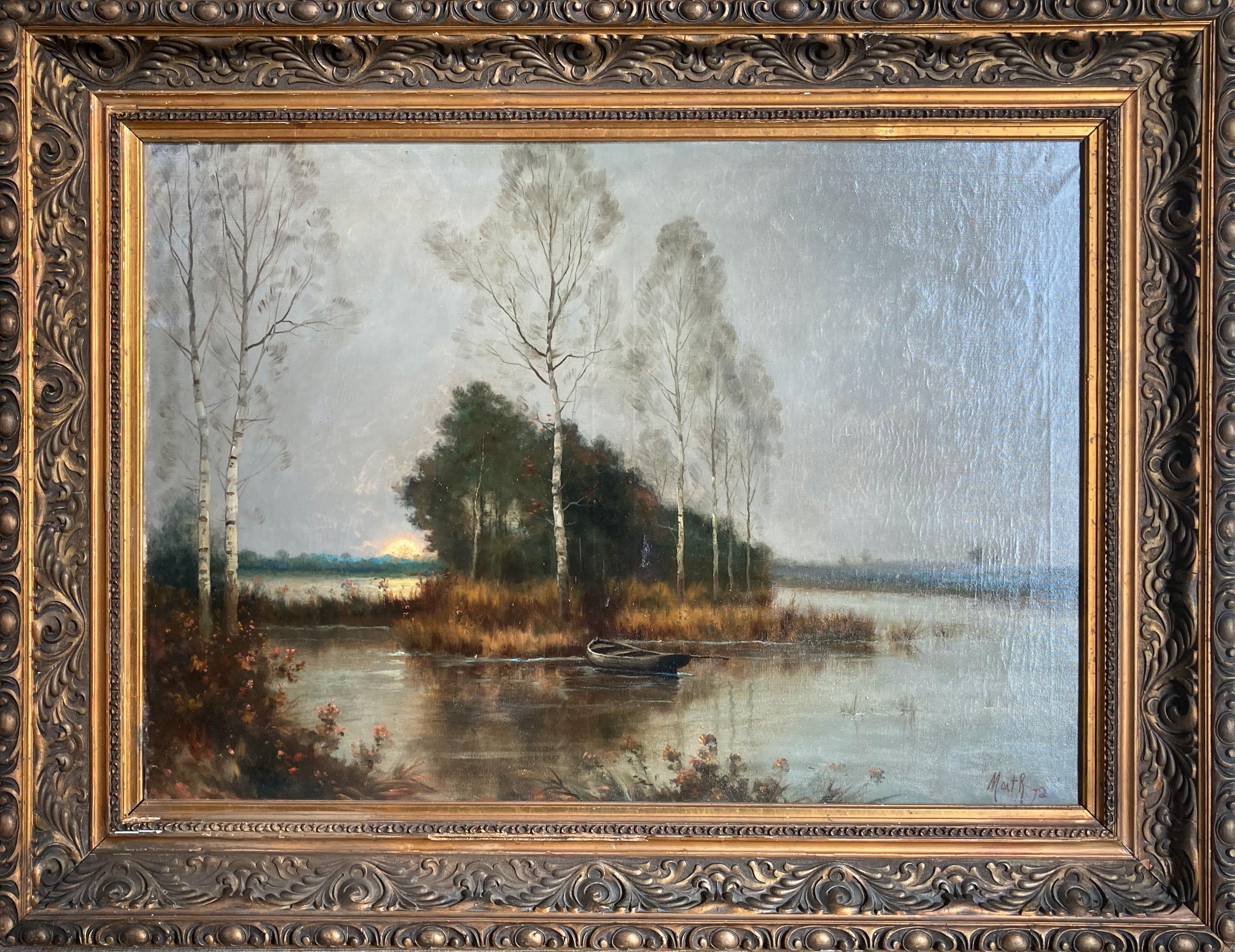 "Sunrise on the Marsh" - Framed 19th Century Antique Landscape Painting