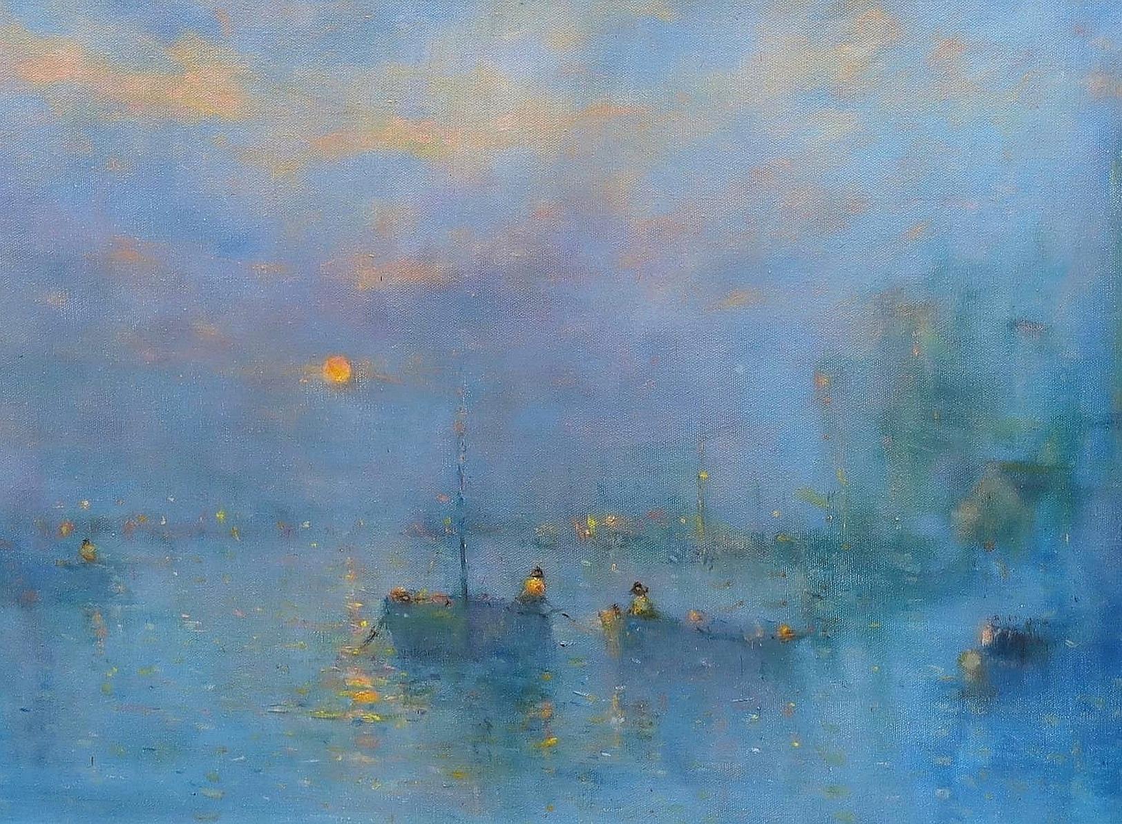 Sunset, Brixham Harbour - Large English Impressionist Devon Seascape Painting For Sale 1