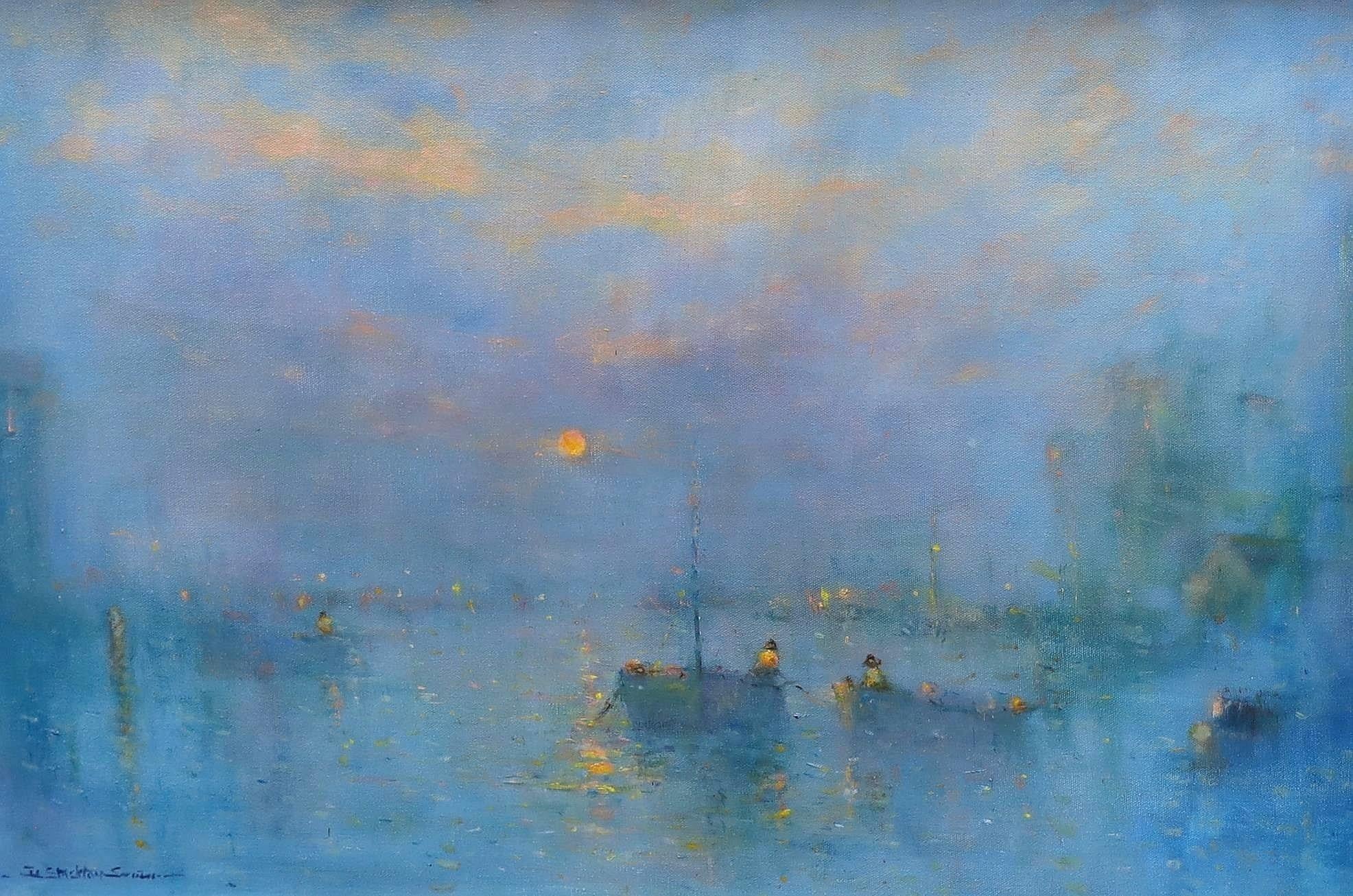 Sonnenuntergang, Brixham Harbour - Großes English Impressionist Devon Seascape Gemälde – Painting von Unknown