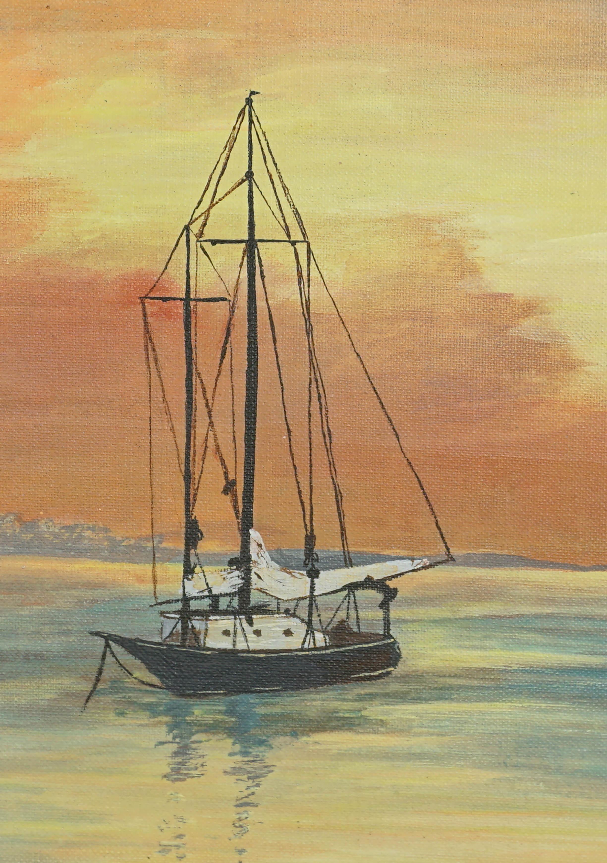 Paysage de coucher de soleil dans la baie de Monterey - Painting de Unknown