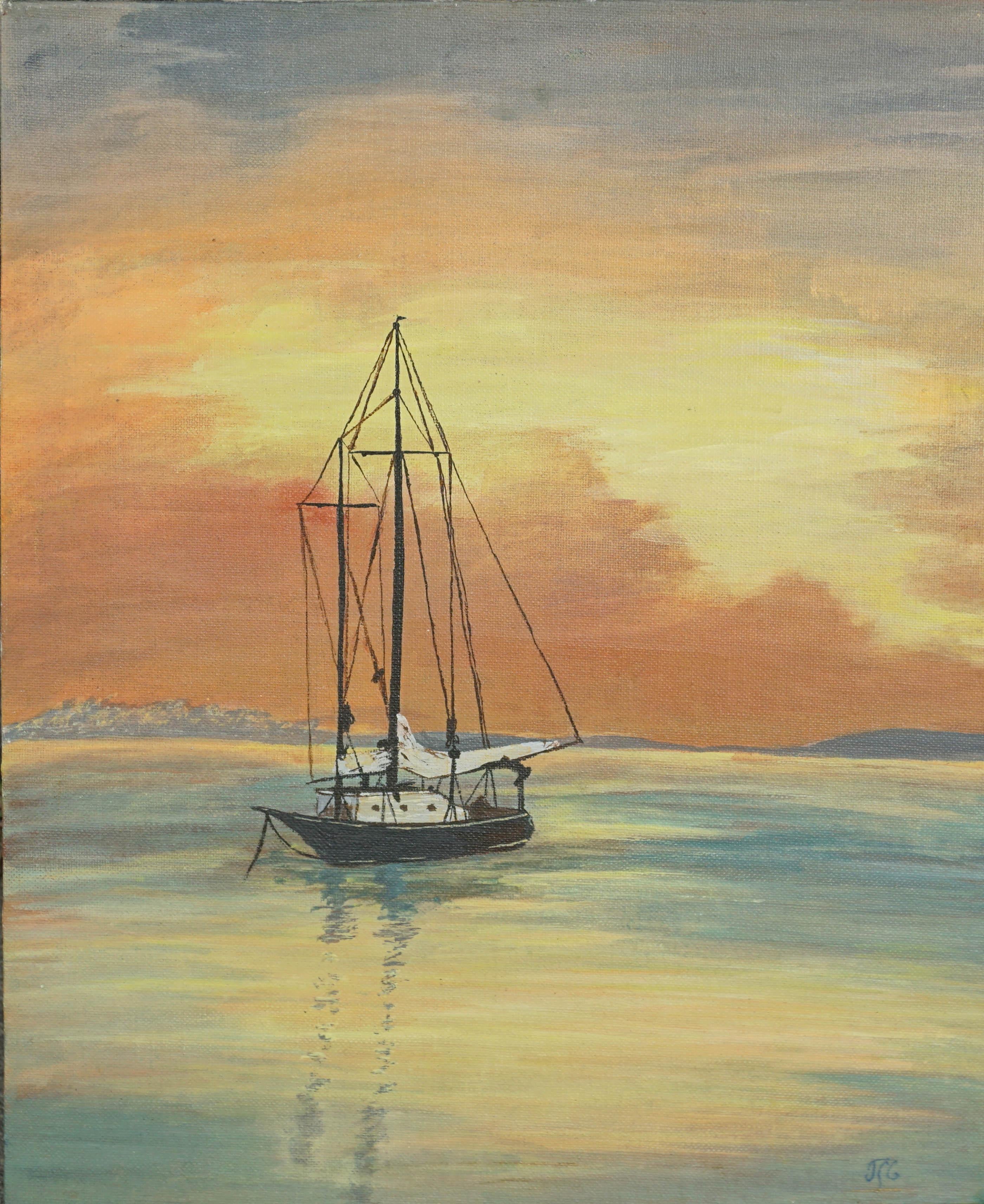 Landscape Painting Unknown - Paysage de coucher de soleil dans la baie de Monterey