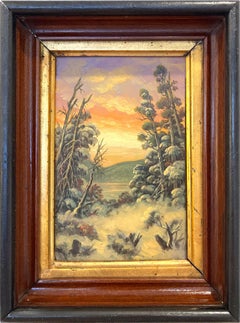 "Sunset in the Winter Forrest" American 20th Century Oil Painting with Snow