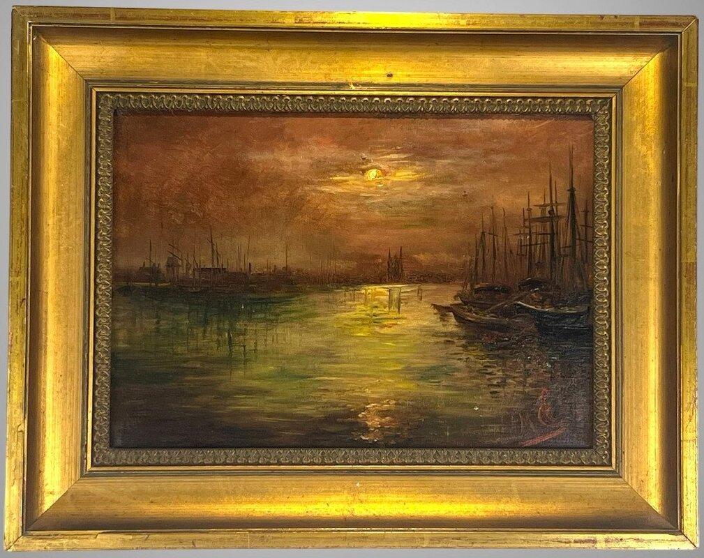 Tramonto sul porto, olio antico originale su tela, Scuola francese - Painting di Unknown