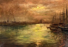 Tramonto sul porto, olio antico originale su tela, Scuola francese