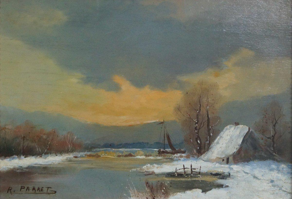Sonnenuntergang am Schneesee im Winter, Original französisches Ölholz, Impressionist – Painting von Unknown