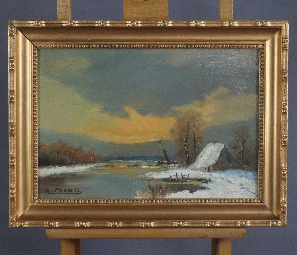 Sonnenuntergang am Schneesee im Winter, Original französisches Ölholz, Impressionist (Impressionismus), Painting, von Unknown
