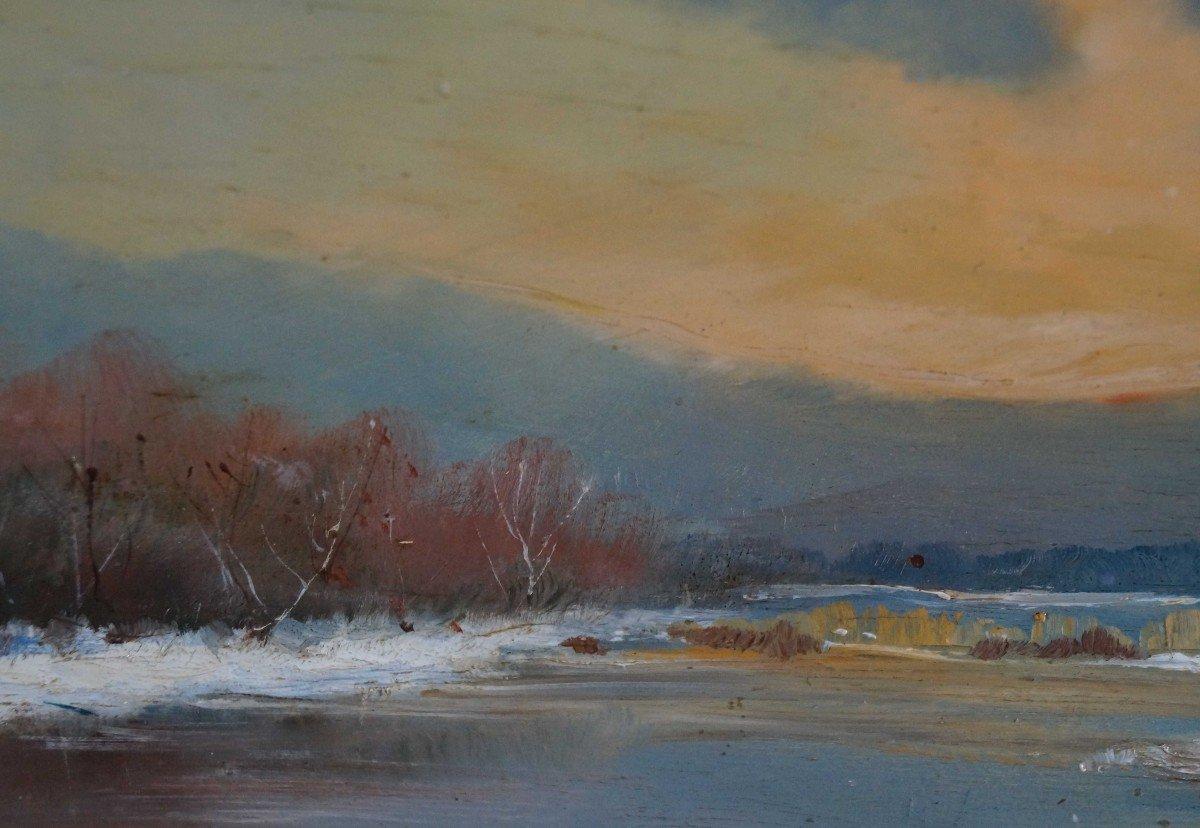 Sonnenuntergang am Schneesee im Winter, Original französisches Ölholz, Impressionist im Angebot 1