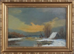 Sunset on the snowy lake in winter, Original French oil Wood, Impressionist
