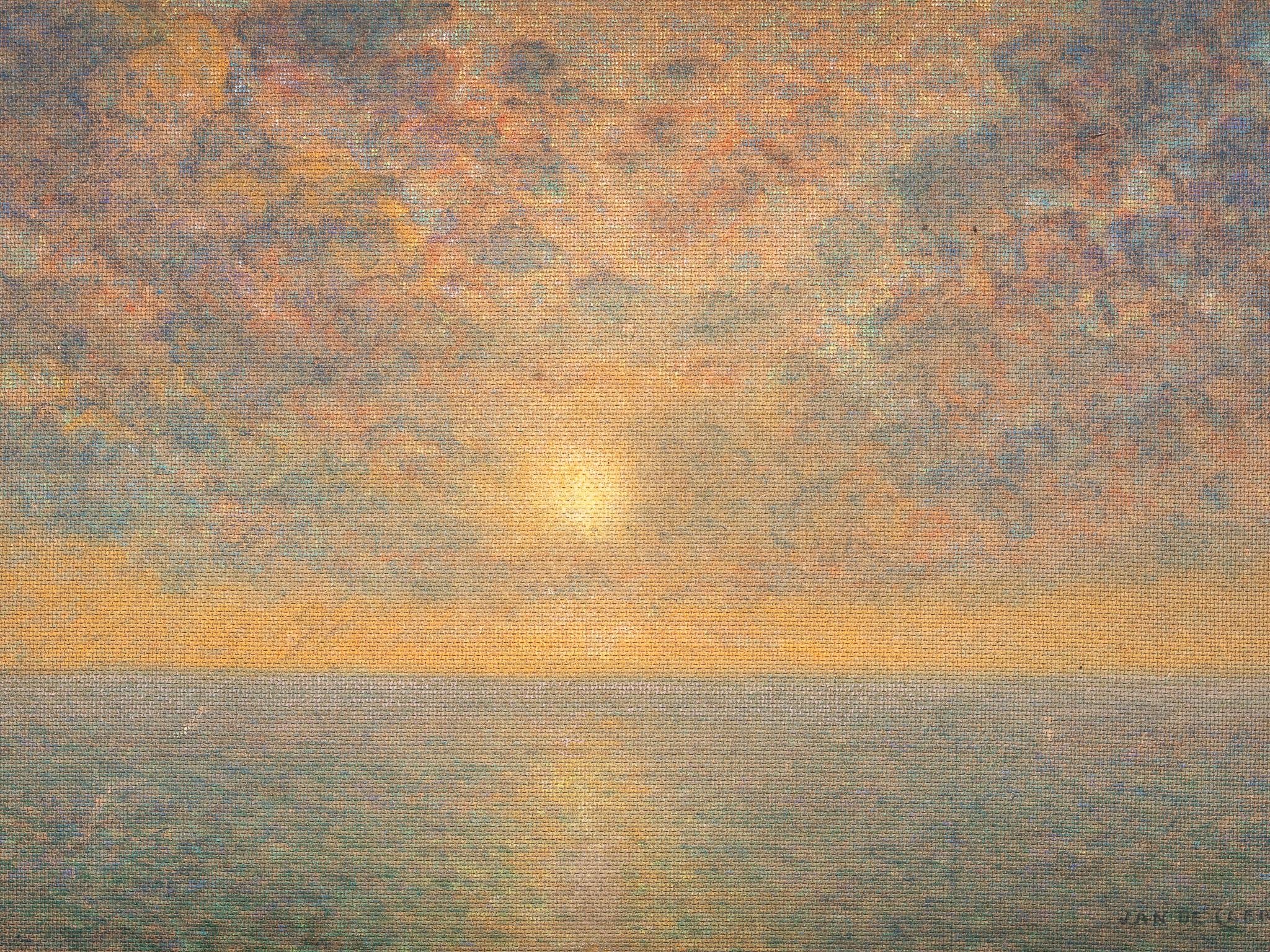 Sunset over the Sea, Jan de Clerck (1891 - 1964), Oil on Unalit, Signed.