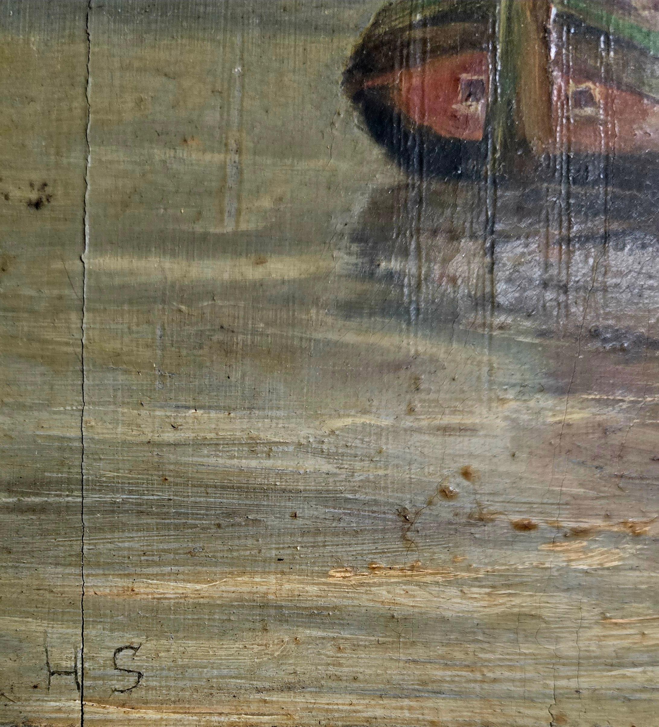 Wonderful European school tonalist sunset seascape oil on board from the late 19th century.  Monogramed lower left though we have not identified the artist. Frame 18