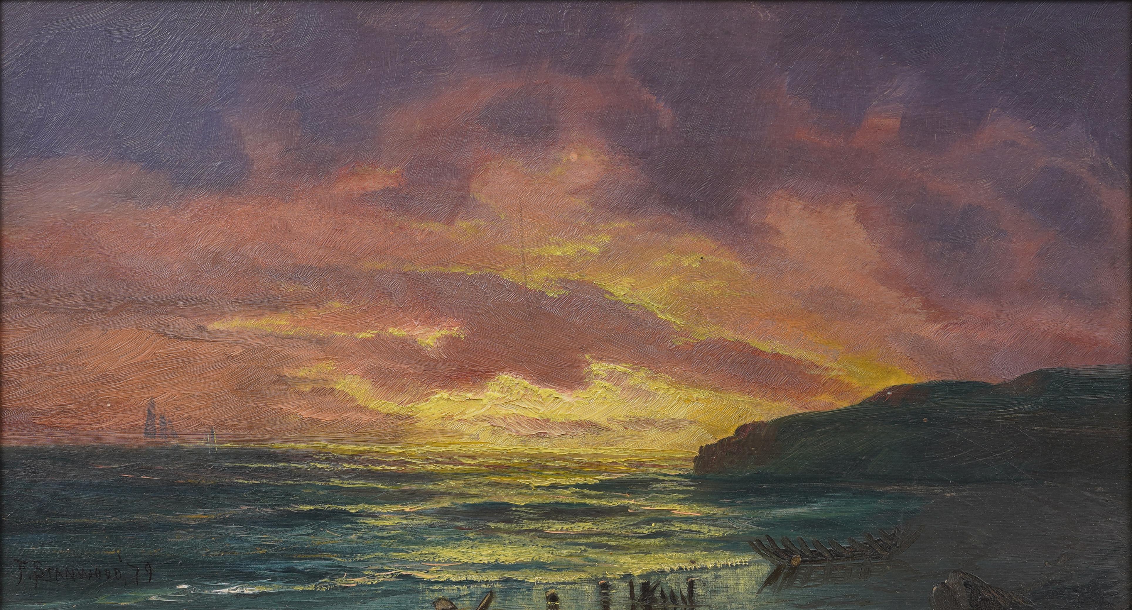This dramatic 19th-century seascape by Franklin Stanwood (1852–1888) captures the glowing intensity of a sunset over the ocean, rendered in vivid shades of gold, violet, and crimson. The churning waves and silhouetted coastline, combined with the