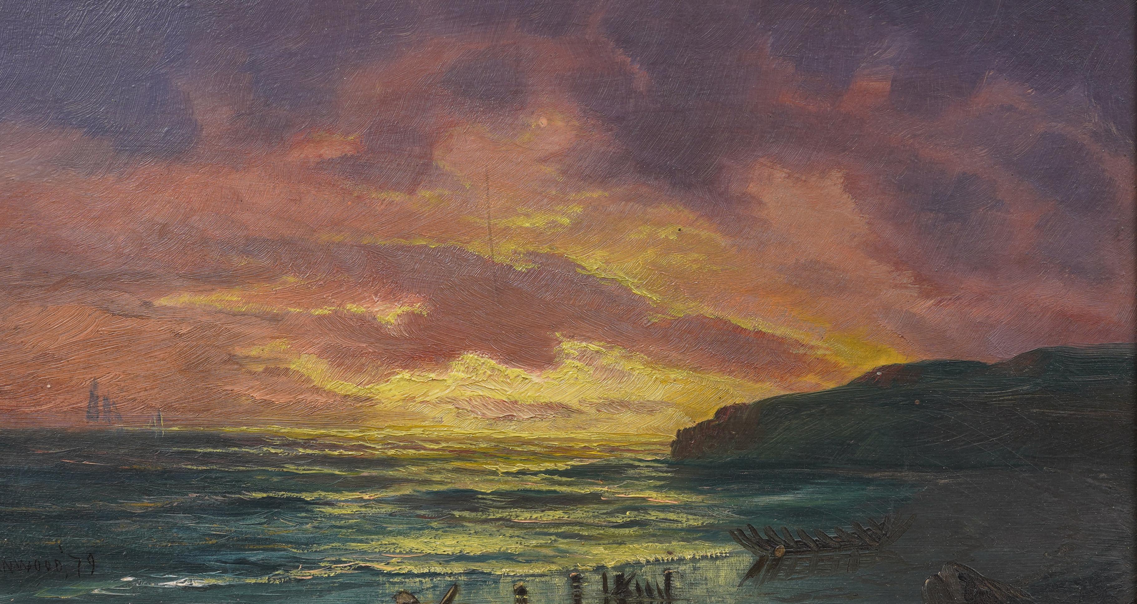 “Sunset Seascape” 19th Century Maine Coastal Oil Painting by Franklin Stanwood For Sale 1