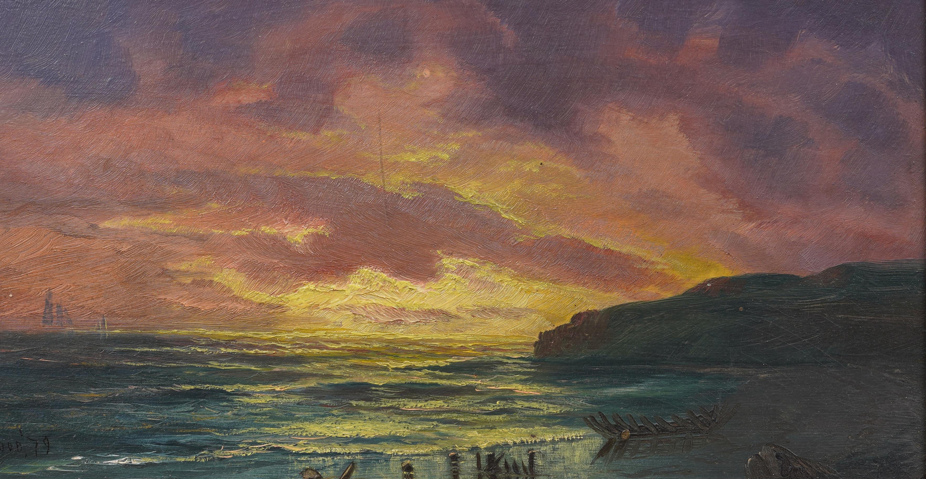 “Sunset Seascape” 19th Century Maine Coastal Oil Painting by Franklin Stanwood For Sale 2