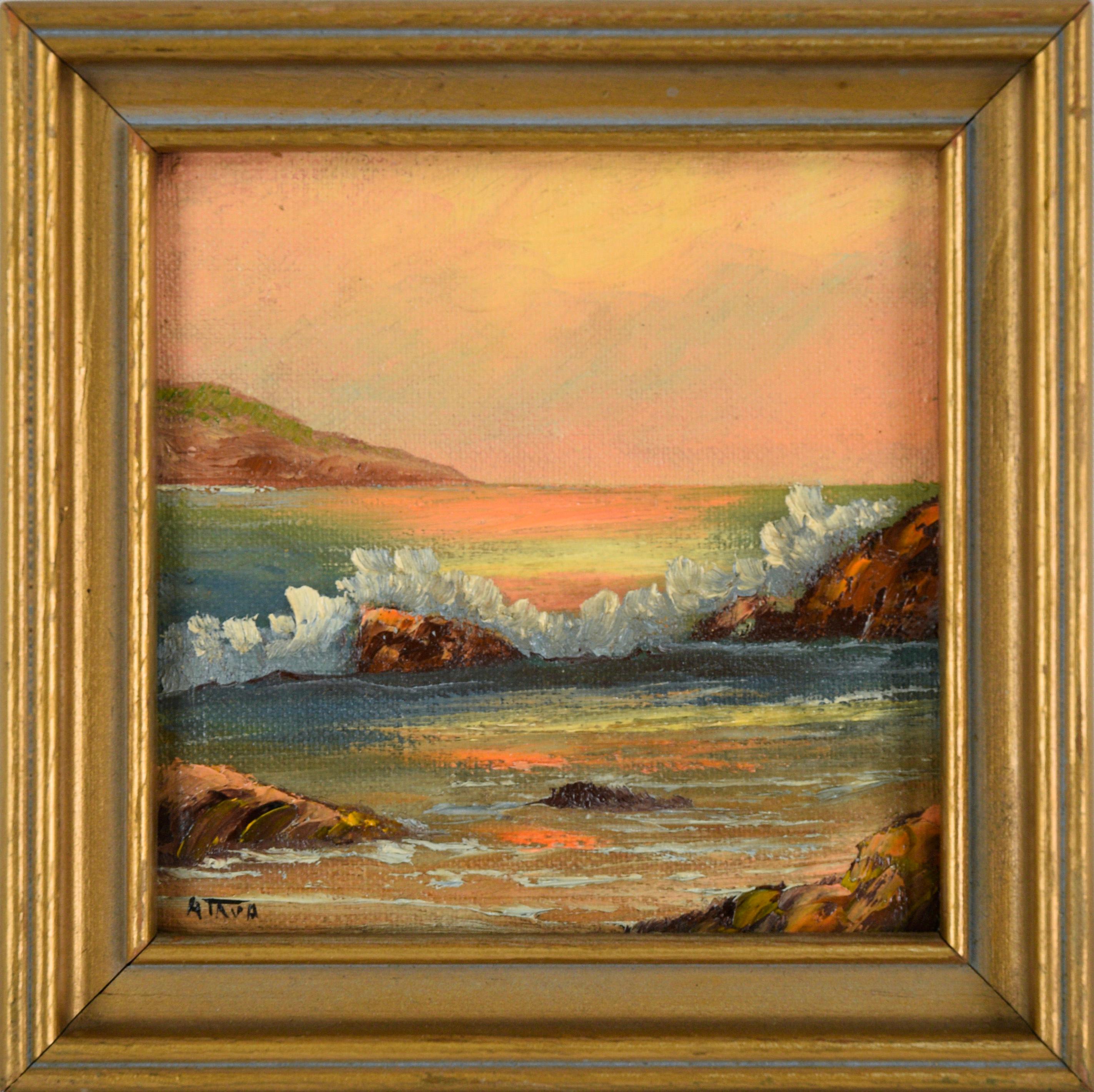 Unknown Landscape Painting - Sunset Seascape - Small Plein Air Oil Painting on Canvas