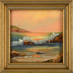 Retro Sunset Seascape - Small Plein Air Oil Painting on Canvas
