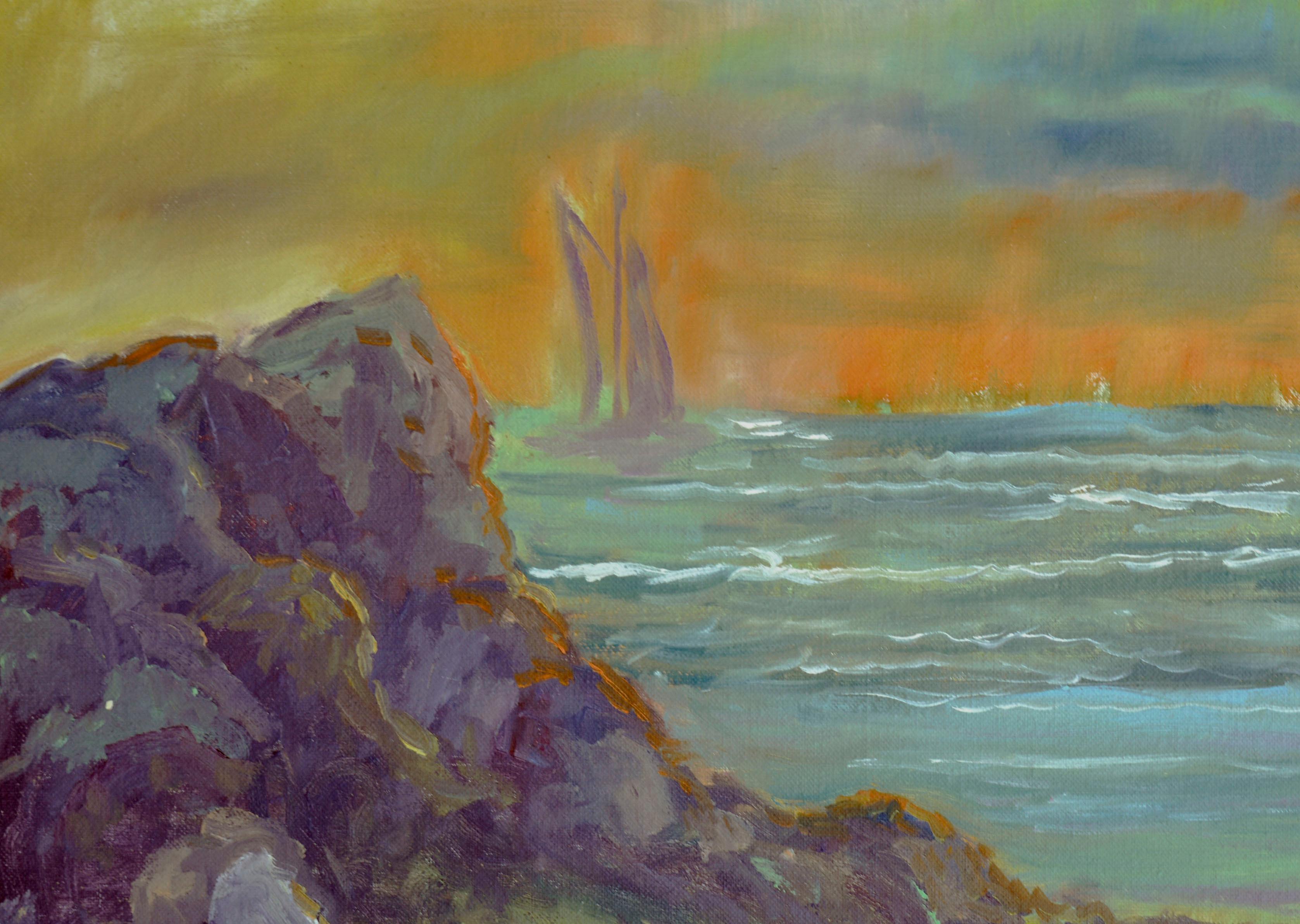Sunset Seascape with Sailboat - Painting by Unknown