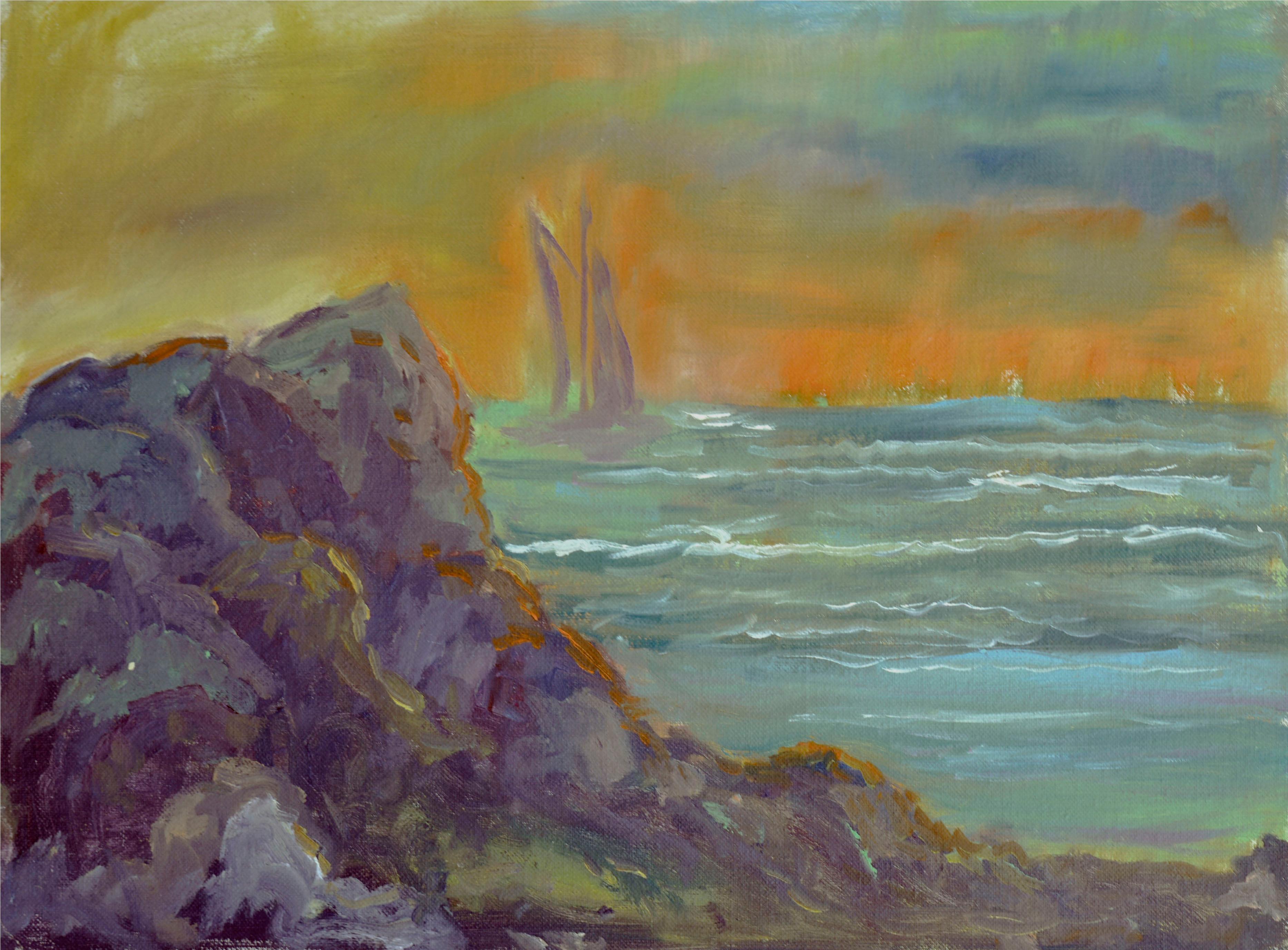 Unknown Landscape Painting - Sunset Seascape with Sailboat