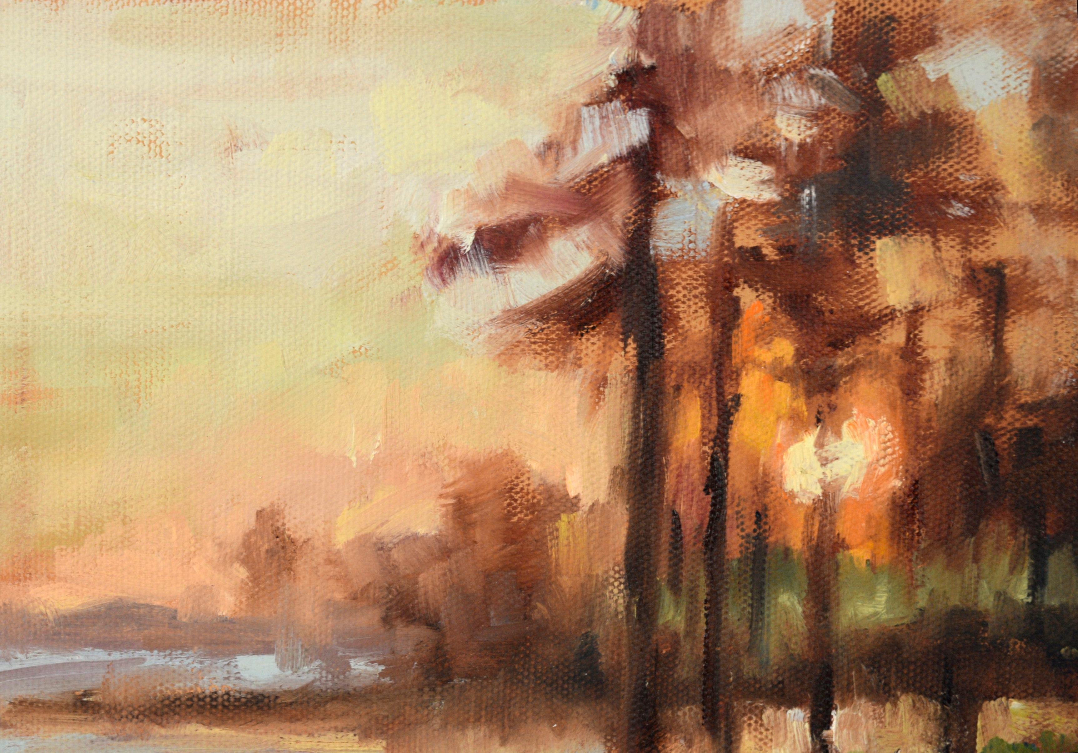Sunset Through the Trees - Landscape in Oil on Canvas - Impressionist Painting by Unknown