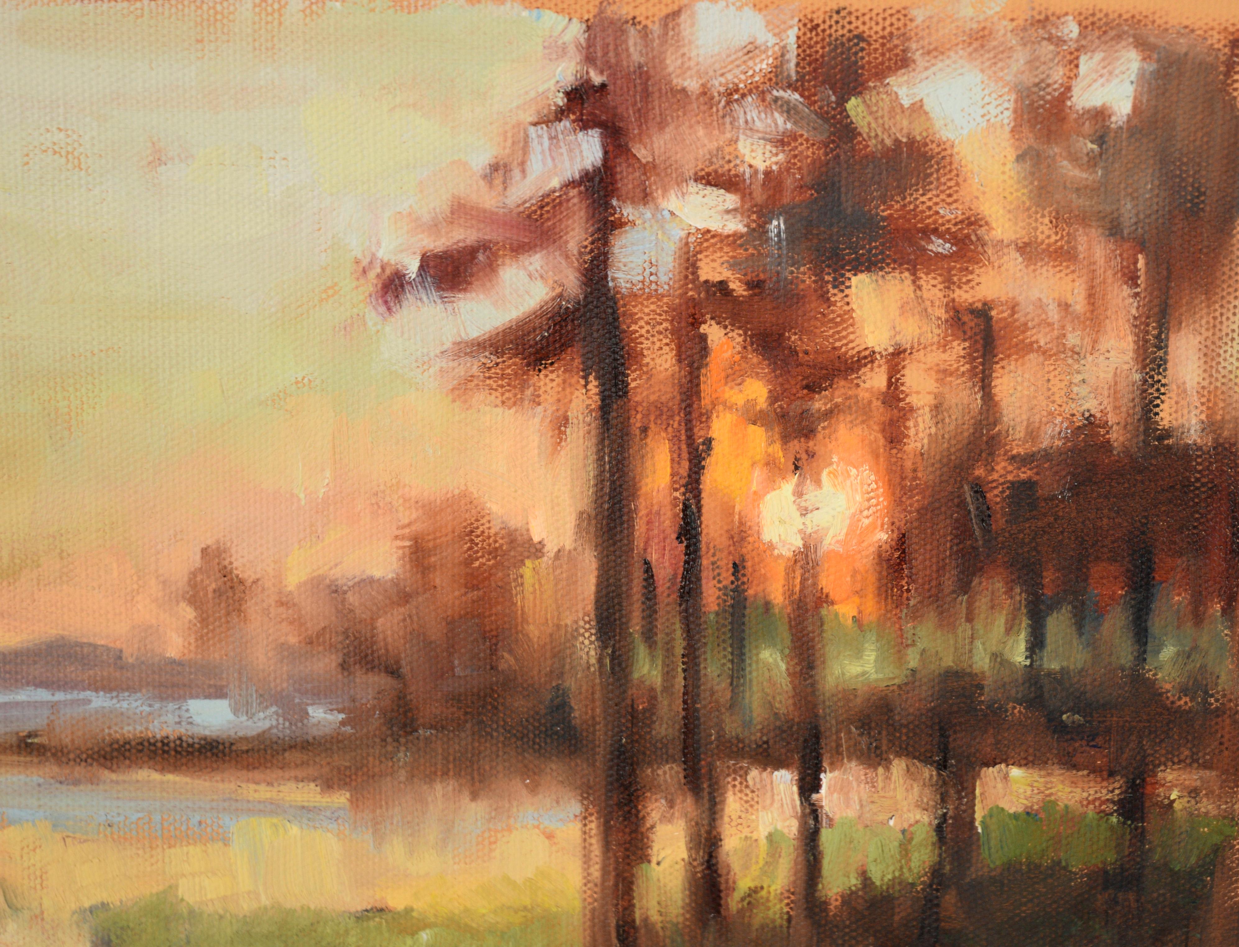 Sunset Through the Trees - Landscape in Oil on Canvas

Lively landscape with a bright sunset by an unknown artist (20th Century). The viewer stands at the edge of a marsh or lake, with a grove of tall trees directly ahead. Through the trees, the sun