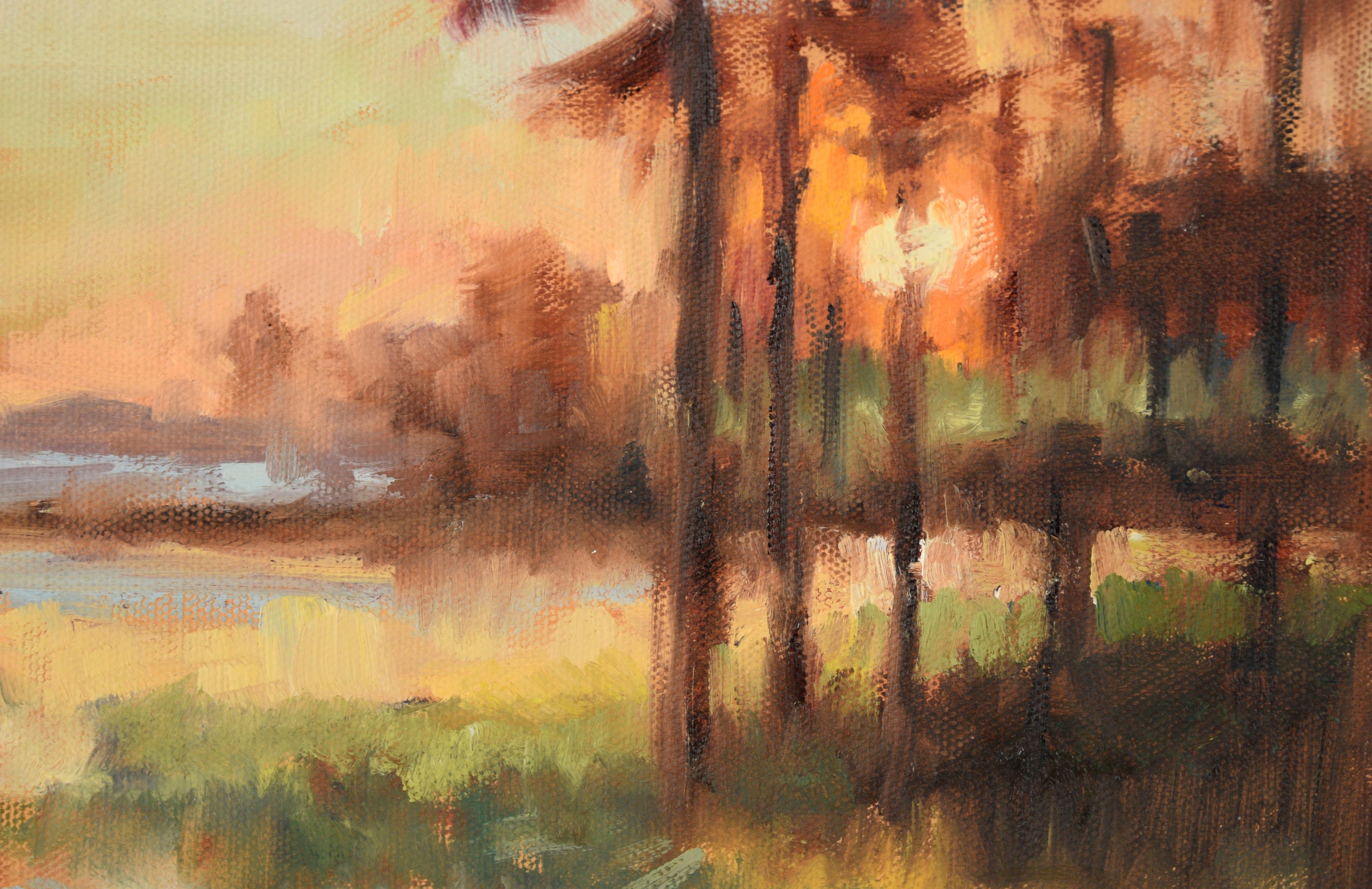 Sunset Through the Trees - Landscape in Oil on Canvas For Sale 1