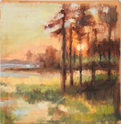 Coucher de soleil à travers les arbres - Paysage à l'huile sur toile