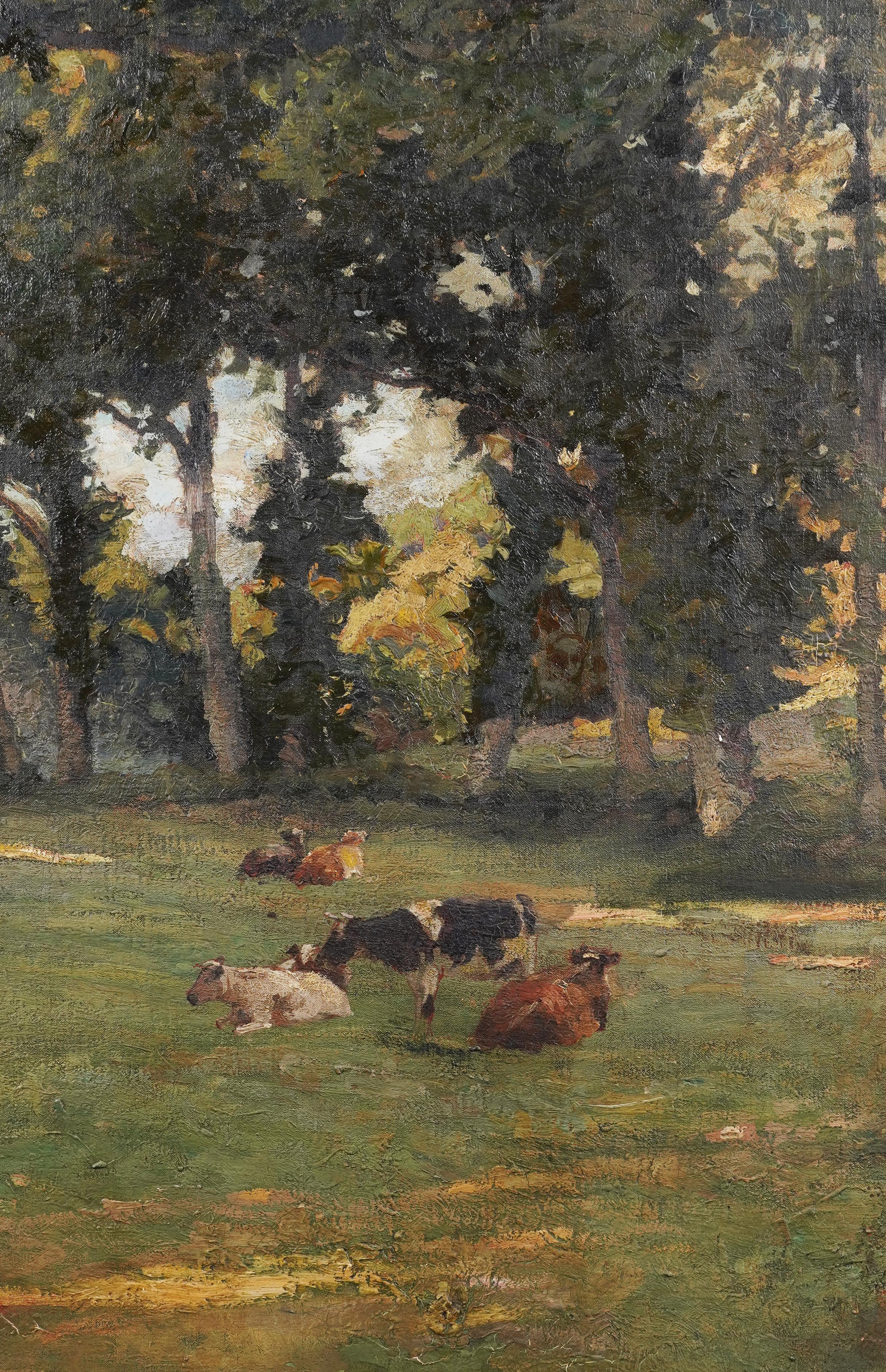 Superb 19th Century French Impressionist Barbizon Sunlit Cow Landscape Painting 1