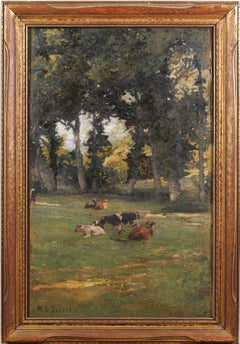 Superb 19th Century French Impressionist Barbizon Sunlit Cow Landscape Painting
