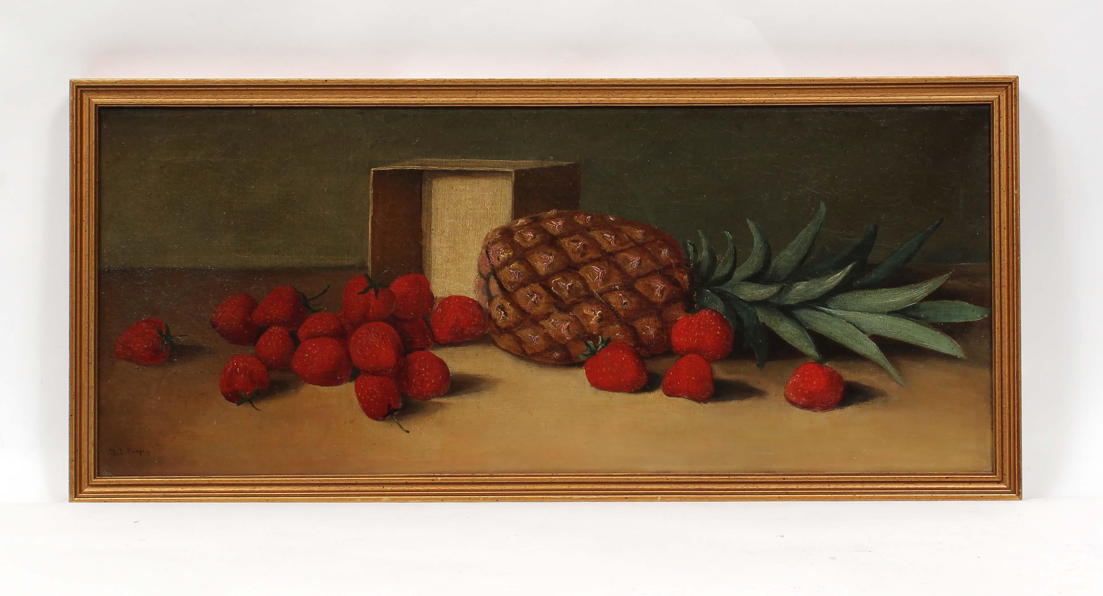 Antiquity American Oil Painting Framed Fruit Table Still Life Pineapple Strawberry (peinture à l'huile américaine encadrée, nature morte aux fruits, ananas et fraises) - Marron Still-Life Painting par Unknown