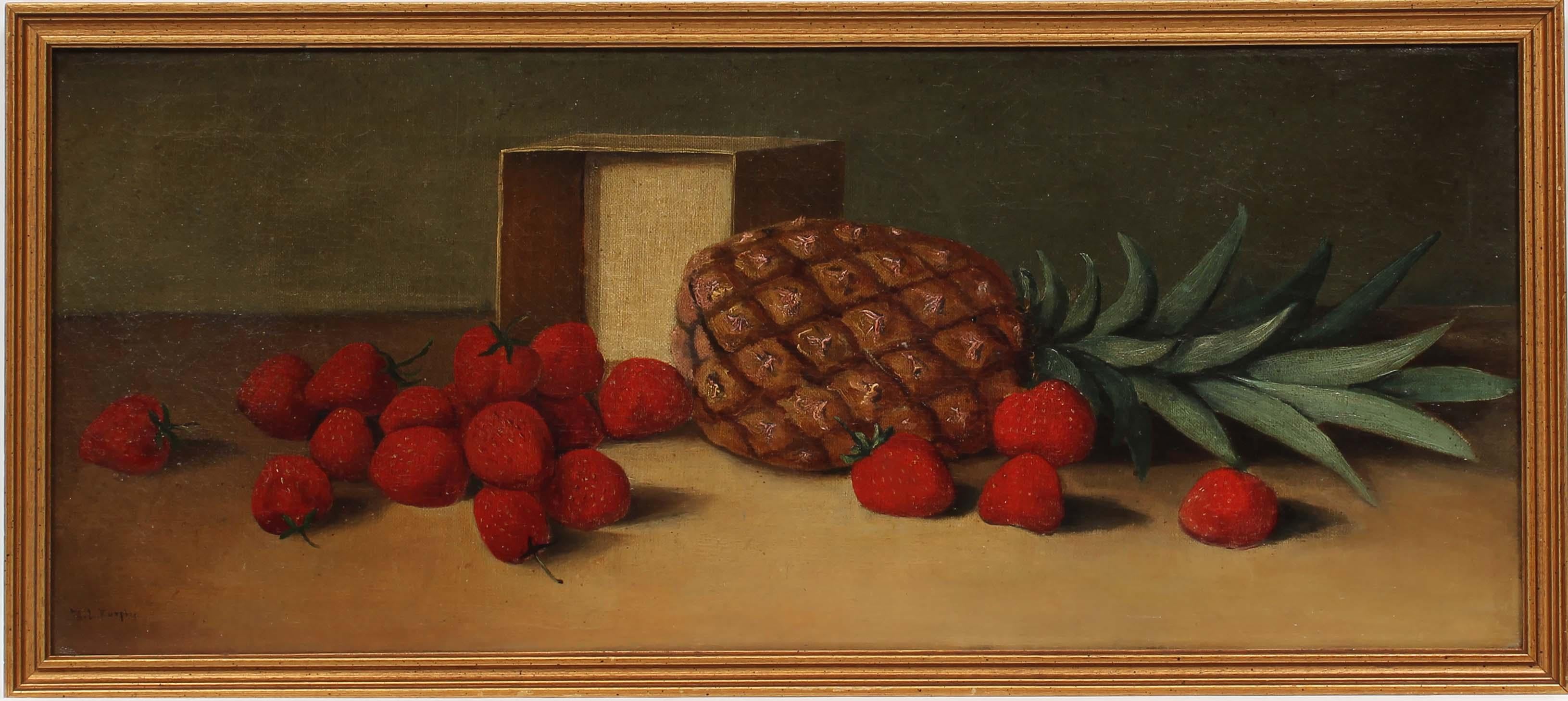 Incroyable nature morte réaliste du début de l'Amérique représentant des ananas et des fraises sur une table.  Huile sur toile.  Des détails incroyables et une peinture magistrale.   

Signé de façon illisible, le nom de famille semble être Murphy.