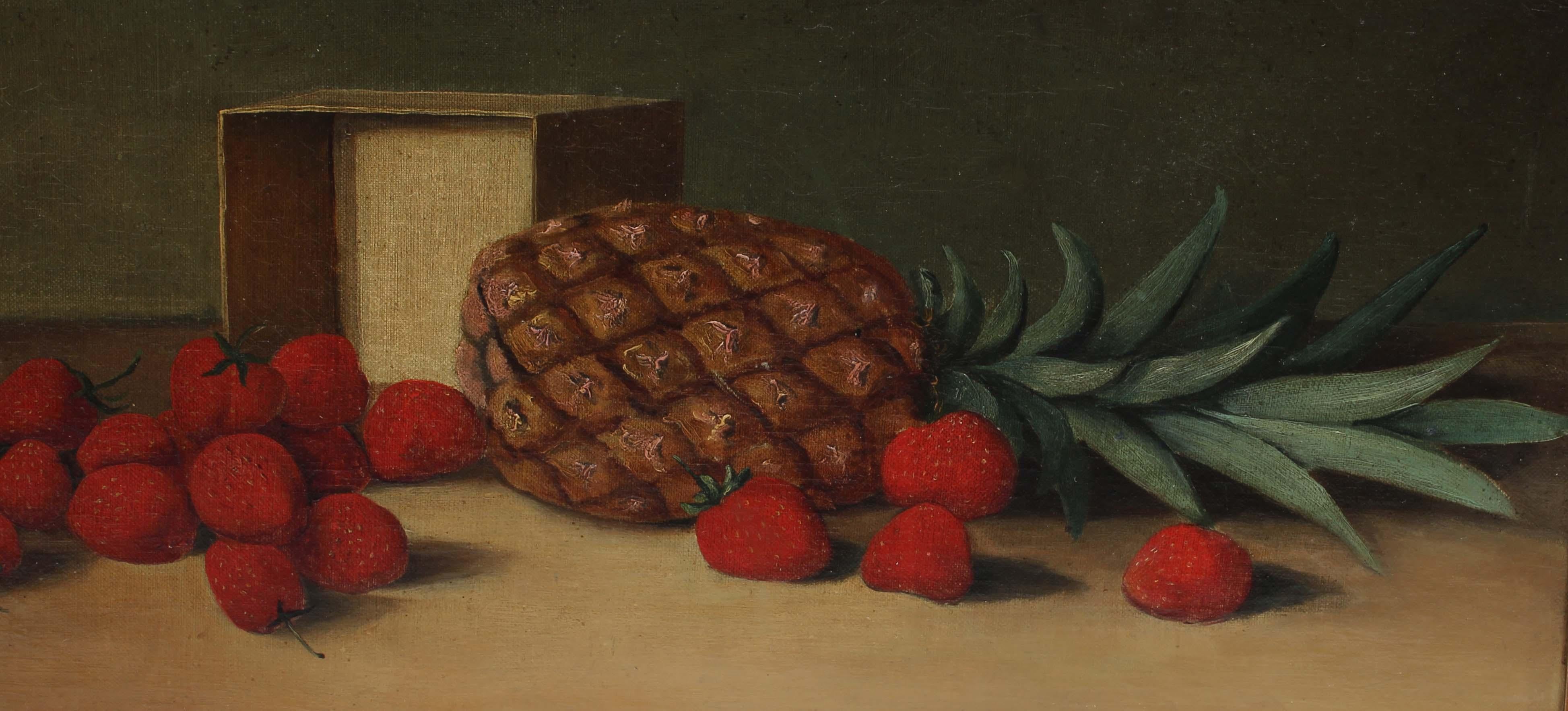 Antiquity American Oil Painting Framed Fruit Table Still Life Pineapple Strawberry (peinture à l'huile américaine encadrée, nature morte aux fruits, ananas et fraises) en vente 2