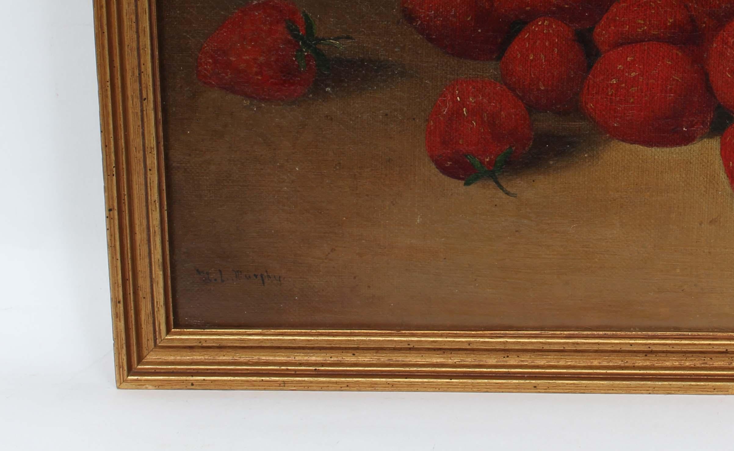 Antiquity American Oil Painting Framed Fruit Table Still Life Pineapple Strawberry (peinture à l'huile américaine encadrée, nature morte aux fruits, ananas et fraises) en vente 3