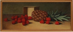 Cuadro al óleo americano antiguo Enmarcado Mesa de frutas Bodegón Piña Fresa