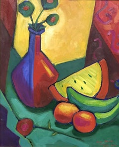 SUPERB OIL SIGNÉ PANISH SIGNÉ - WATERMELON WITH FRUIT & FLOWERS STILL LIFE PAINTING