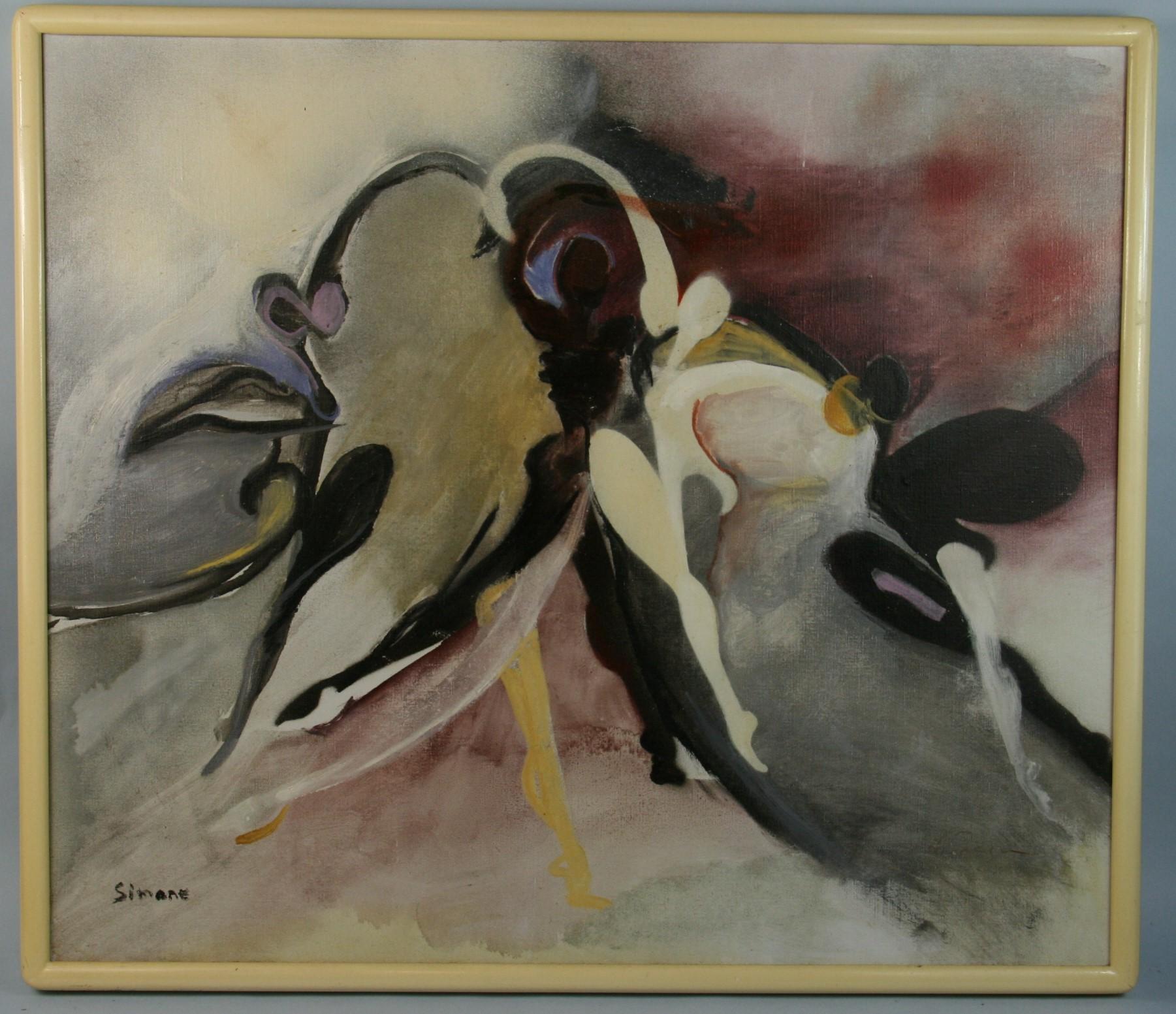 Unknown Abstract Painting - Surreal Italian Oversized Black and White  Dancers Oil Painting  by Simone 1960