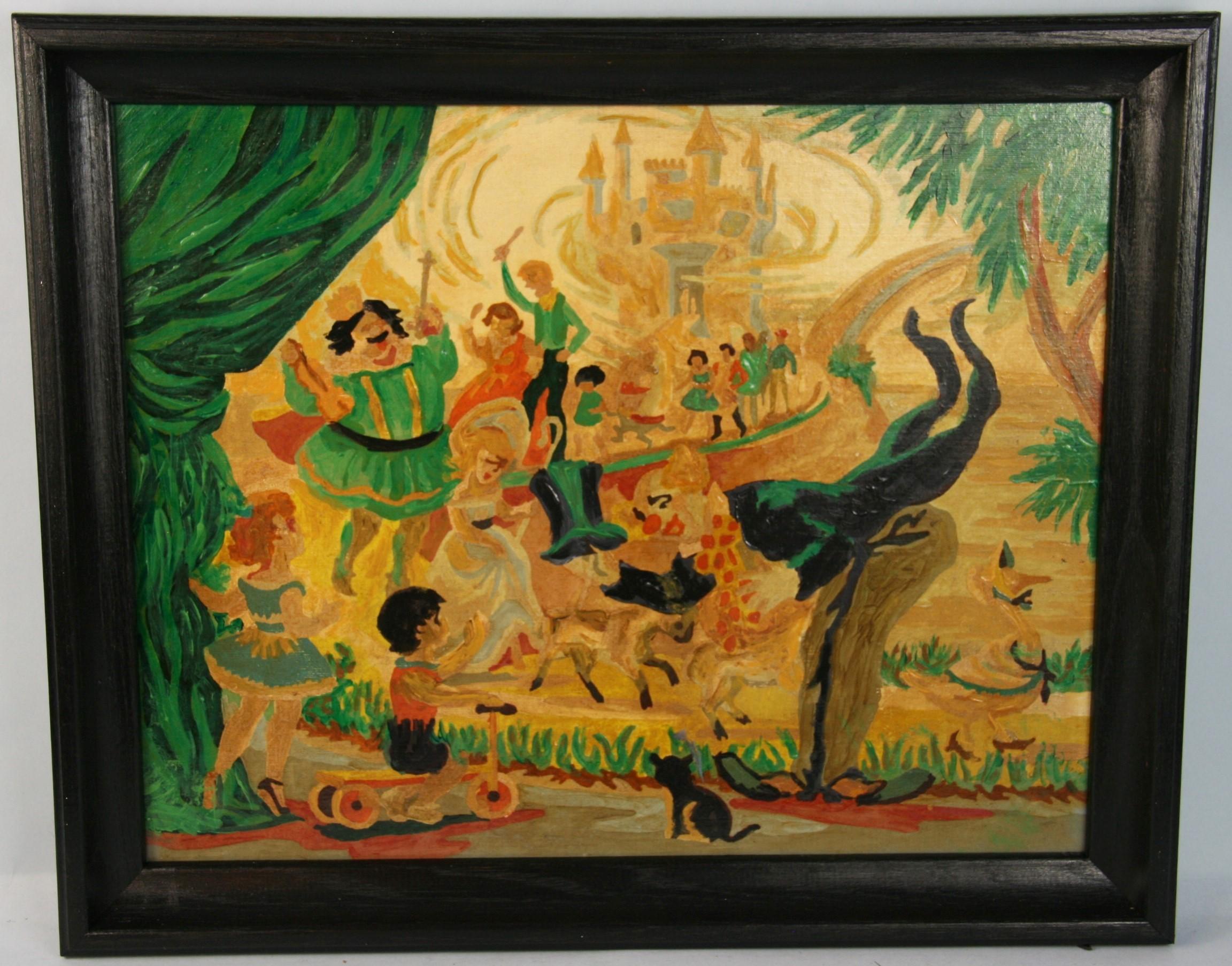 Unknown Figurative Painting - Surreal Children Fantasy Oil Painting, Framed, 1956, 15.5x19.25"