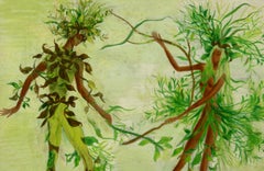 Surreal Dancing Leaf People Oil Painting on Board, Framed, 1950s