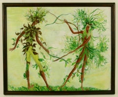 Surreal Dancing Leaf People Oil Painting on Board, Framed, 1950s