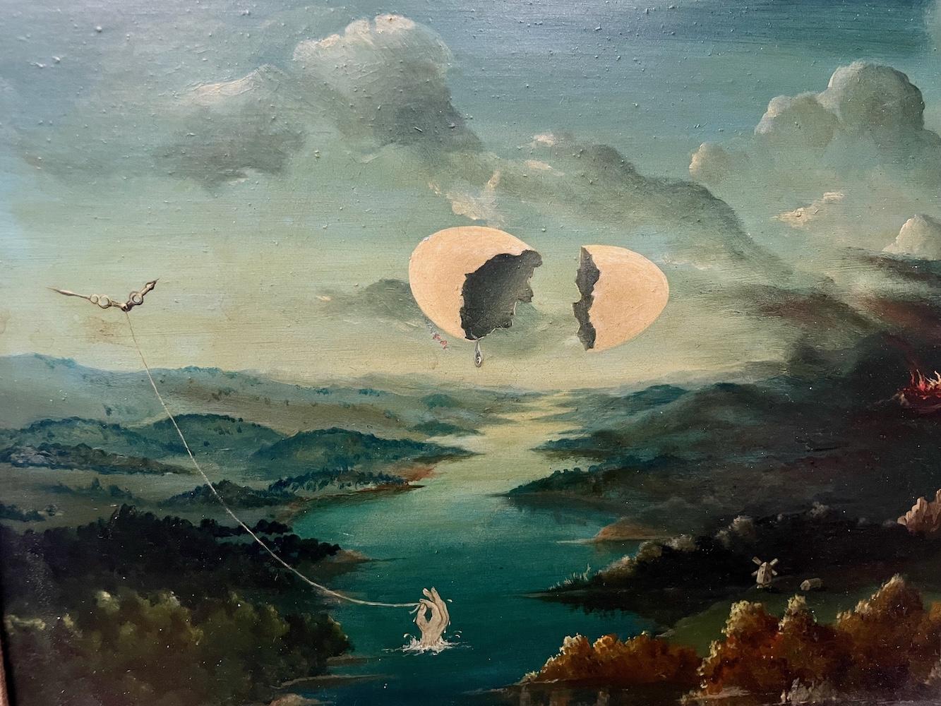 Surreal Dreamscape of a Broken Eggshell Floating on High, in Cerulean and Cream - Painting by Unknown