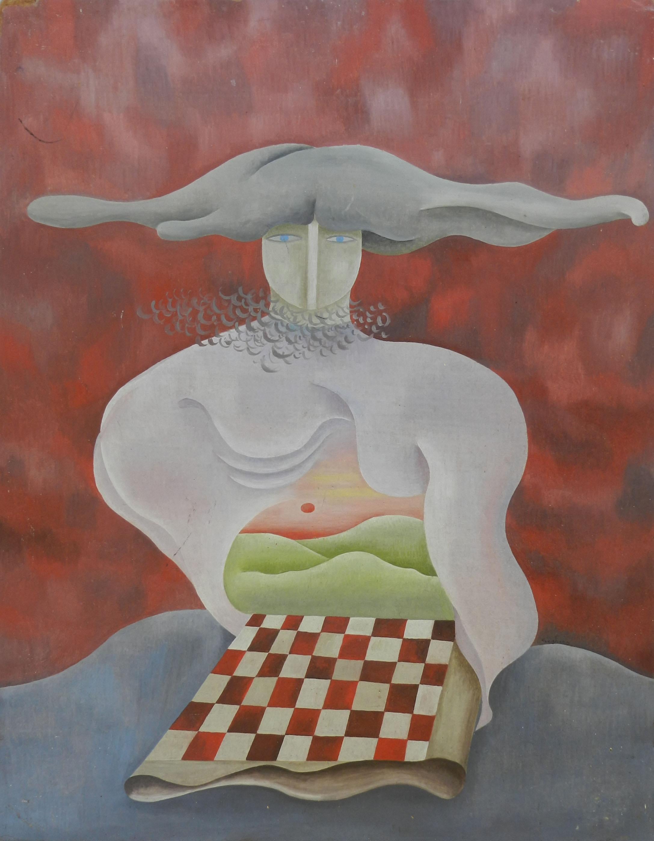 Unknown Figurative Painting - Surreal Painting Abstract La Damier Rouge