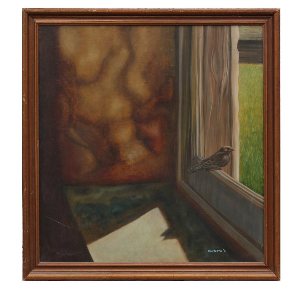 Unknown Interior Painting - Surrealist Interior Window Scene with Bird Signed Mantooth